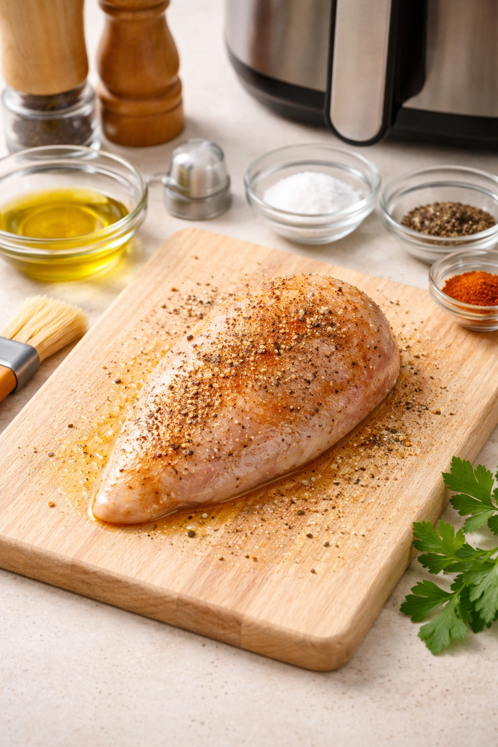 Prepped chicken breast with oil and seasonings on a clean surface.