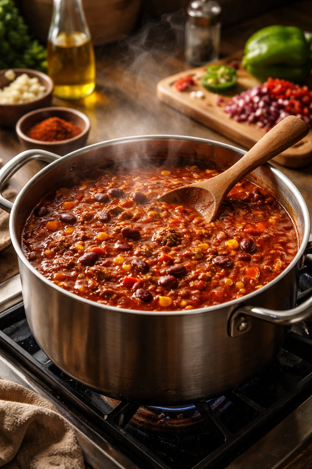 Large pot of simmering chili on the stove with steam and thick surface.