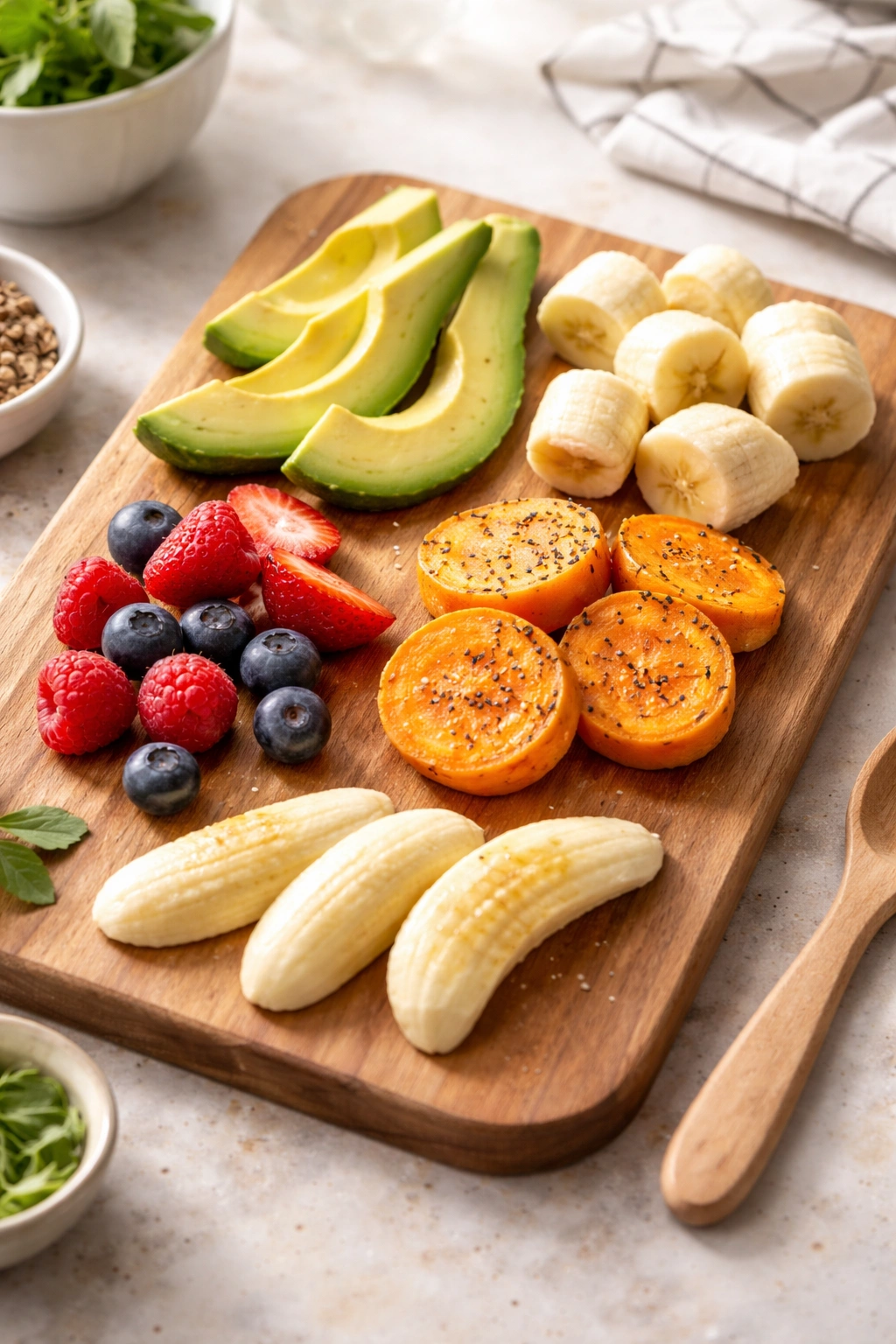 First foods board with avocado, banana, and sweet potato pieces