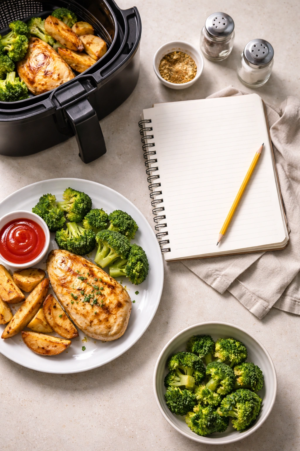 Plate with meal and blank notebook on a neutral surface