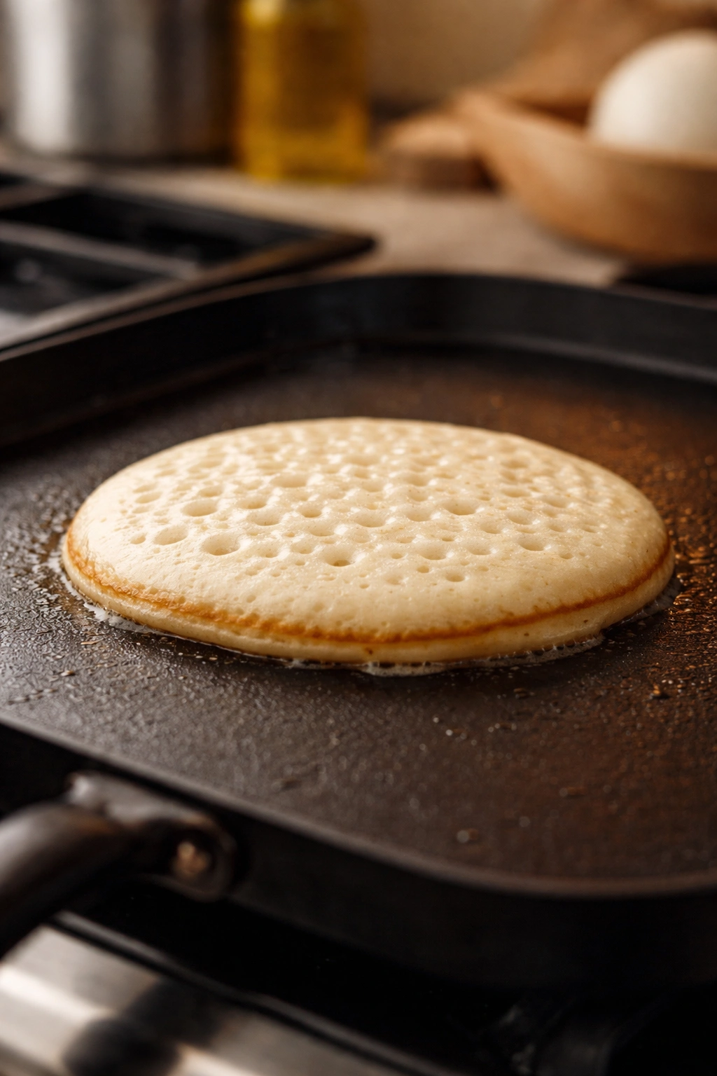 First pancake cooking on griddle with bubbles forming
