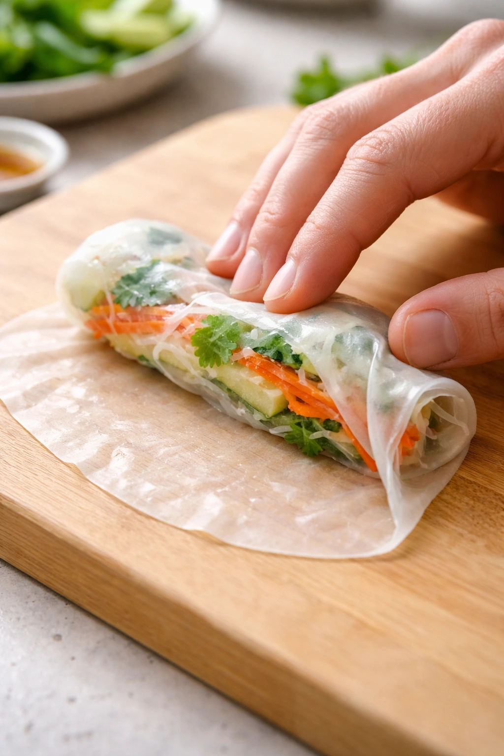 First spring roll being assembled with bottom seal