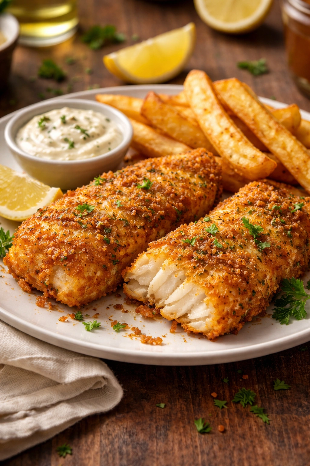 Crispy fish with yogurt-mustard coating and fries on plate