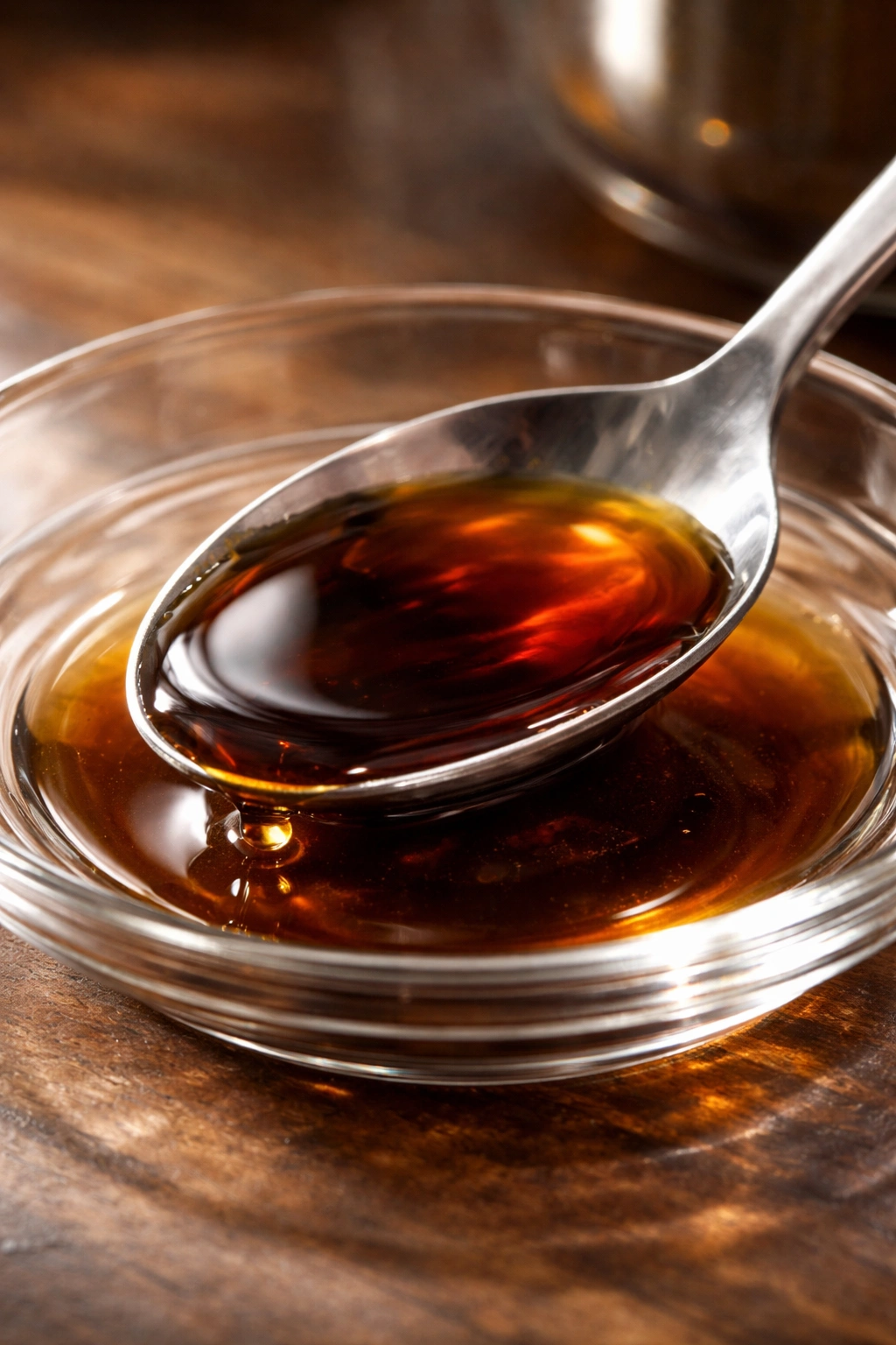 Dark fish sauce on a small spoon with a reflective surface