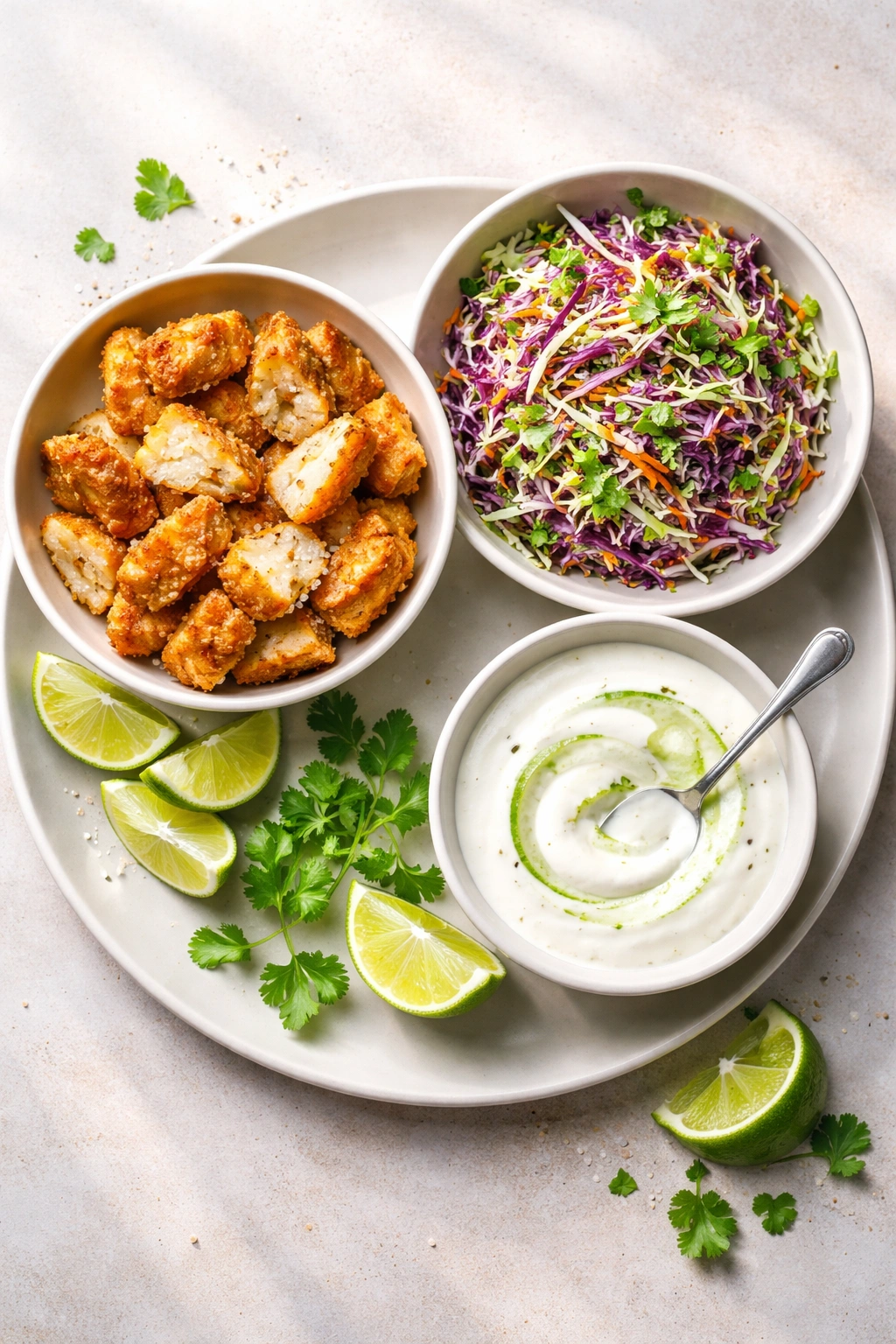 Close-up of fish, slaw, and crema on a plate showing texture and temperature contrast