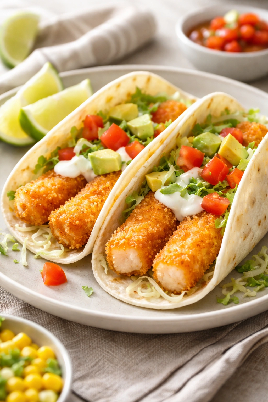 Two fish stick tacos with mild toppings on a plate