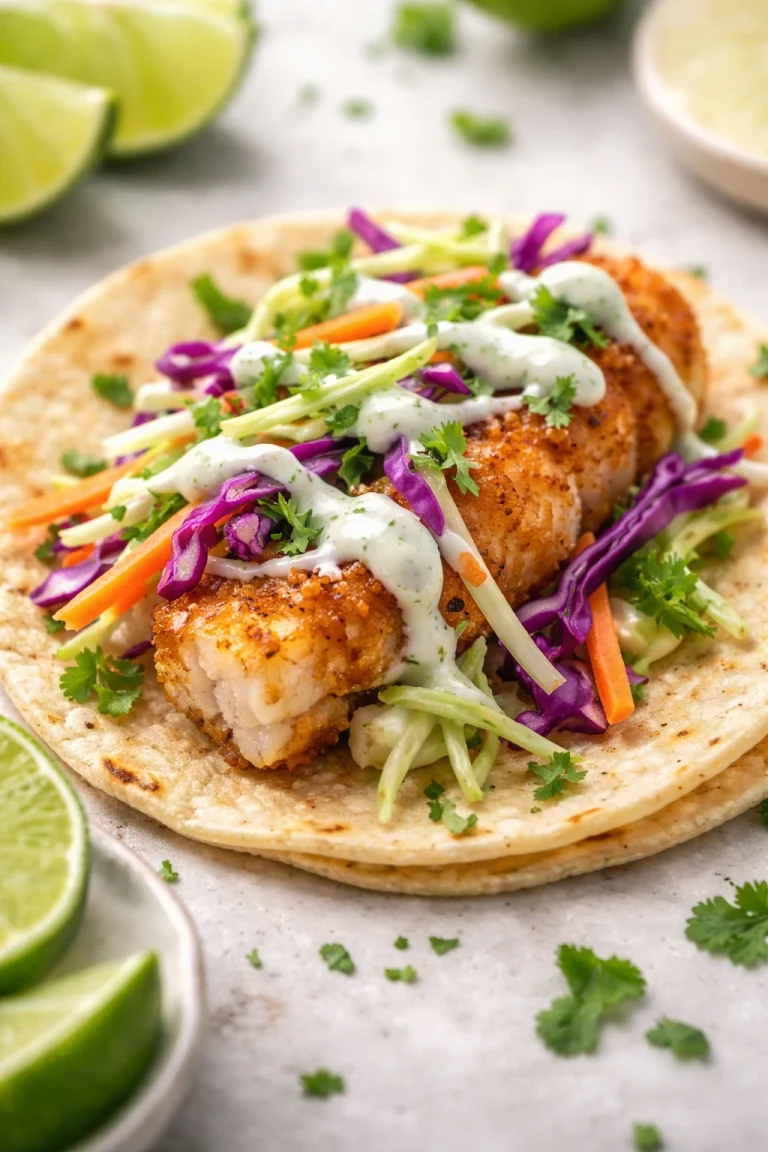 Fish Tacos Topped With Slaw and Lime Crema