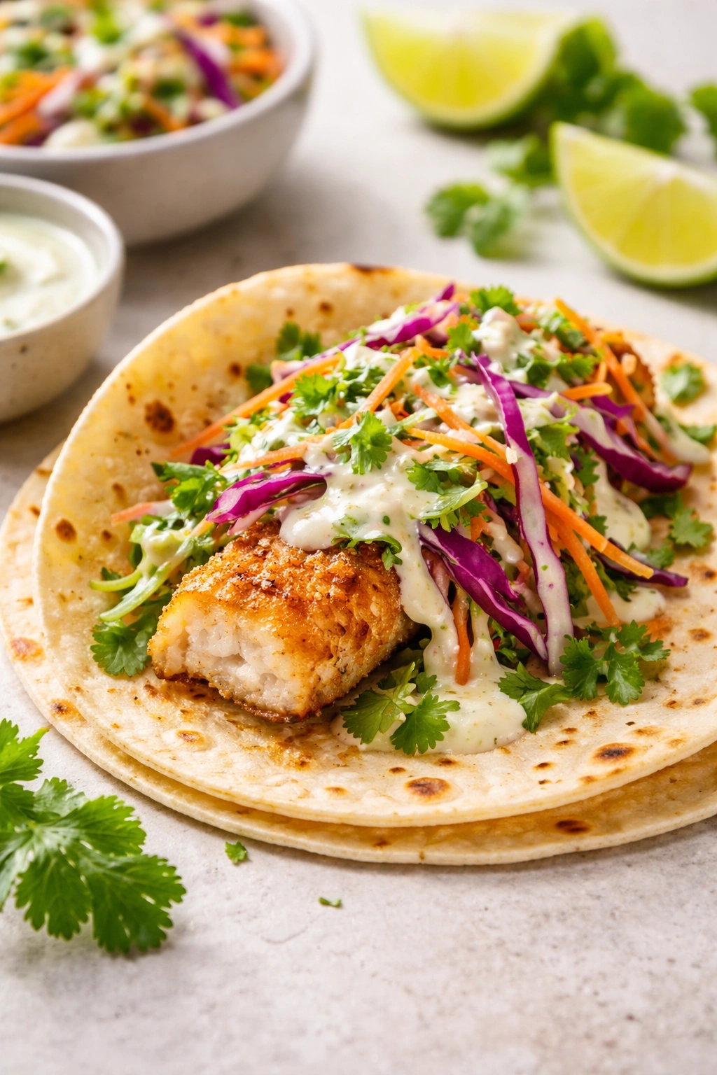 Close-up of a fish taco showing delicate fish, slaw, and crema on tortilla