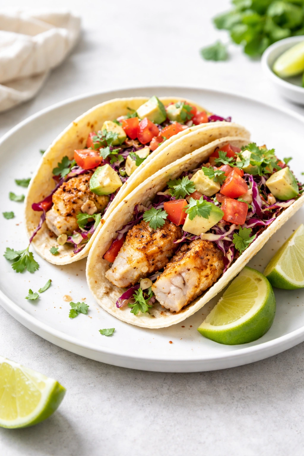 Two fish tacos with white fish in tortillas on plate