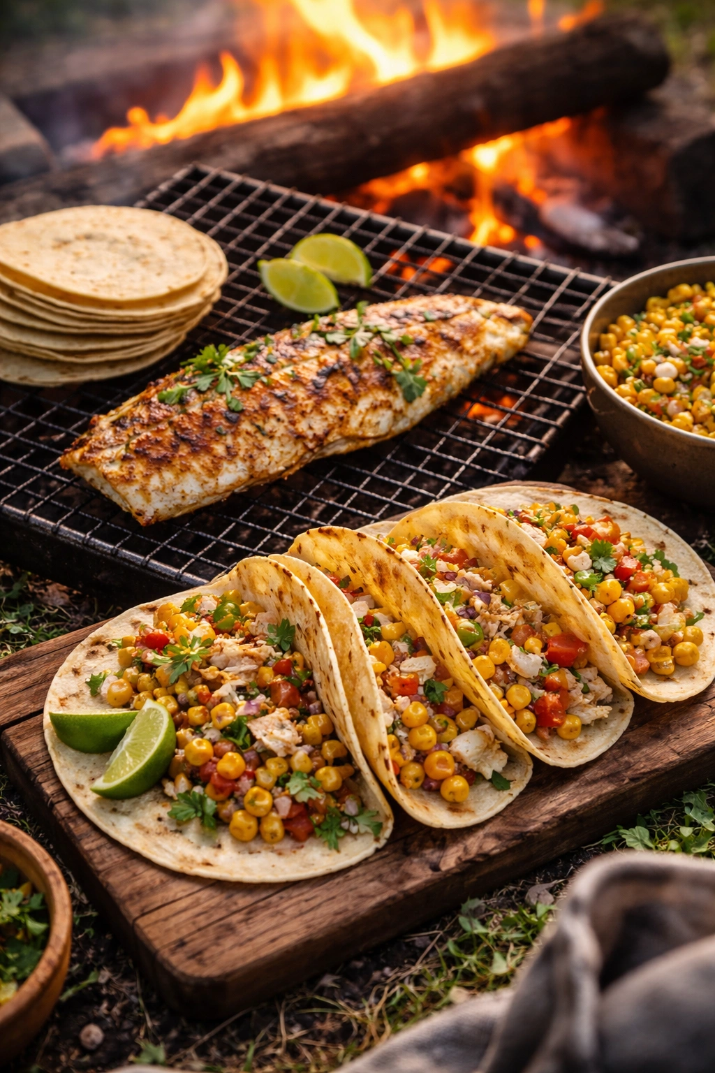 Grilled fish with tortillas and corn salsa for fish tacos