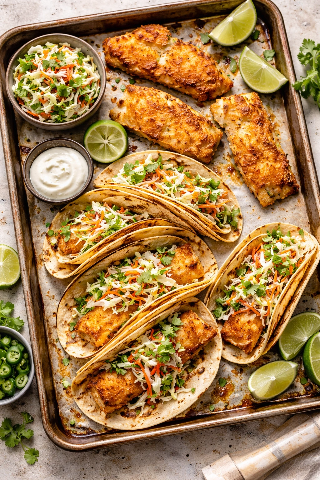 Fish tacos with cilantro slaw on a sheet pan