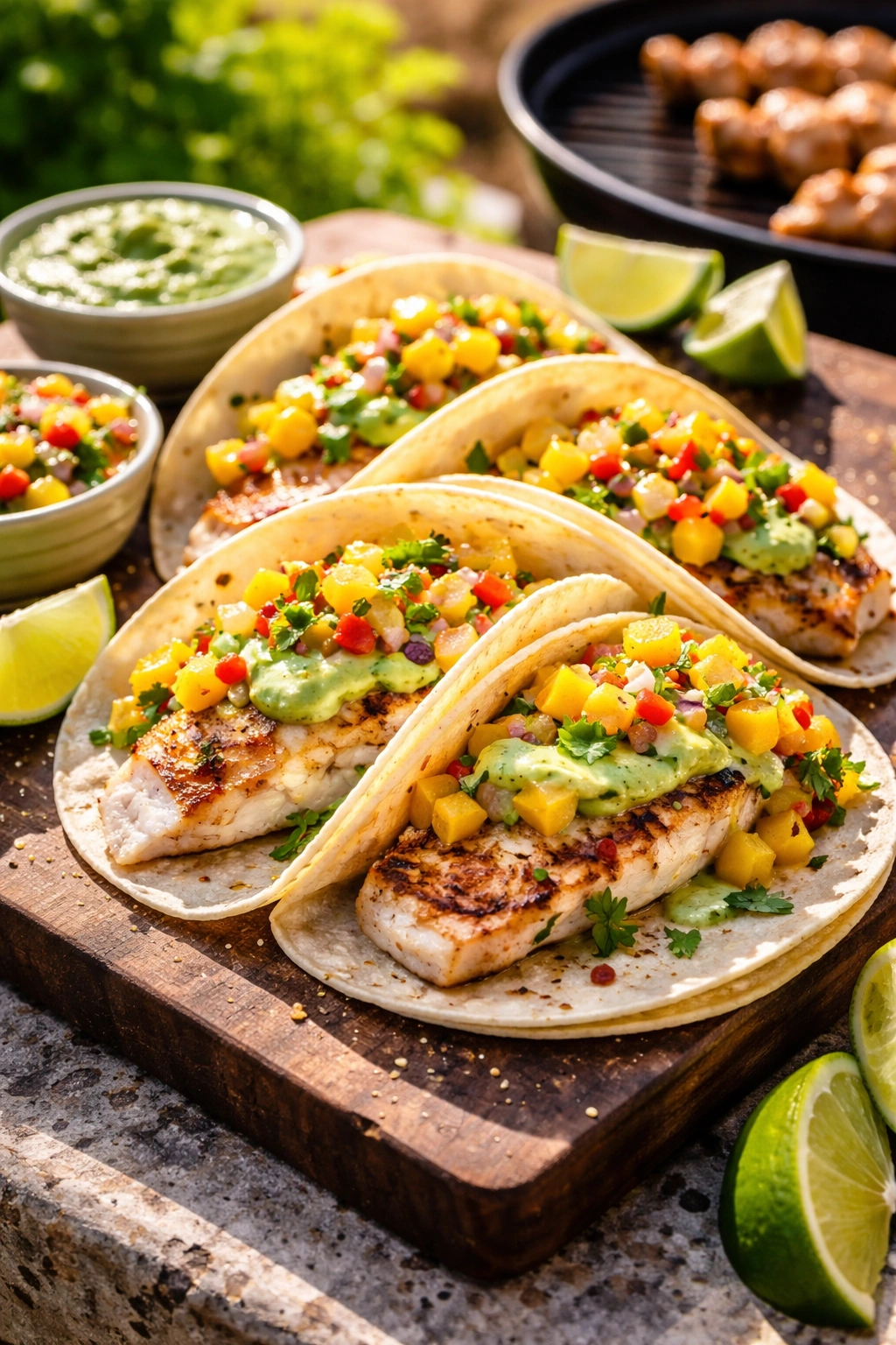 Close-up of grilled fish tacos with mango salsa and avocado crema on a rustic wooden board
