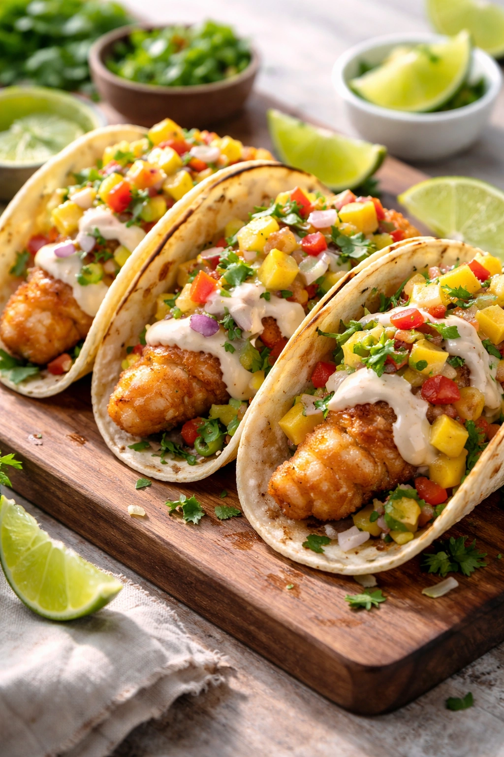 Fish tacos with mango salsa and chipotle crema