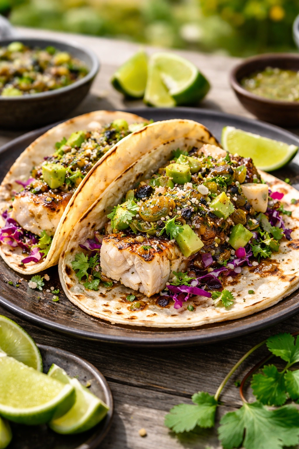 Grilled fish tacos with charred salsa verde on a plate