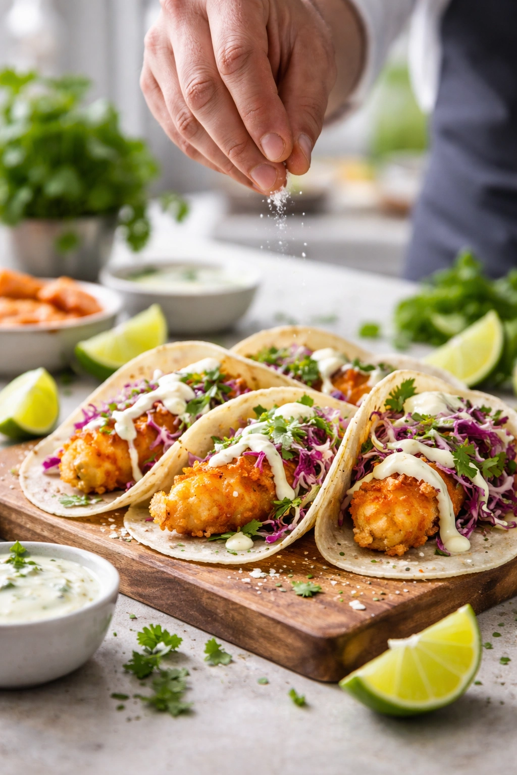 Hands sprinkling salt on fish tacos