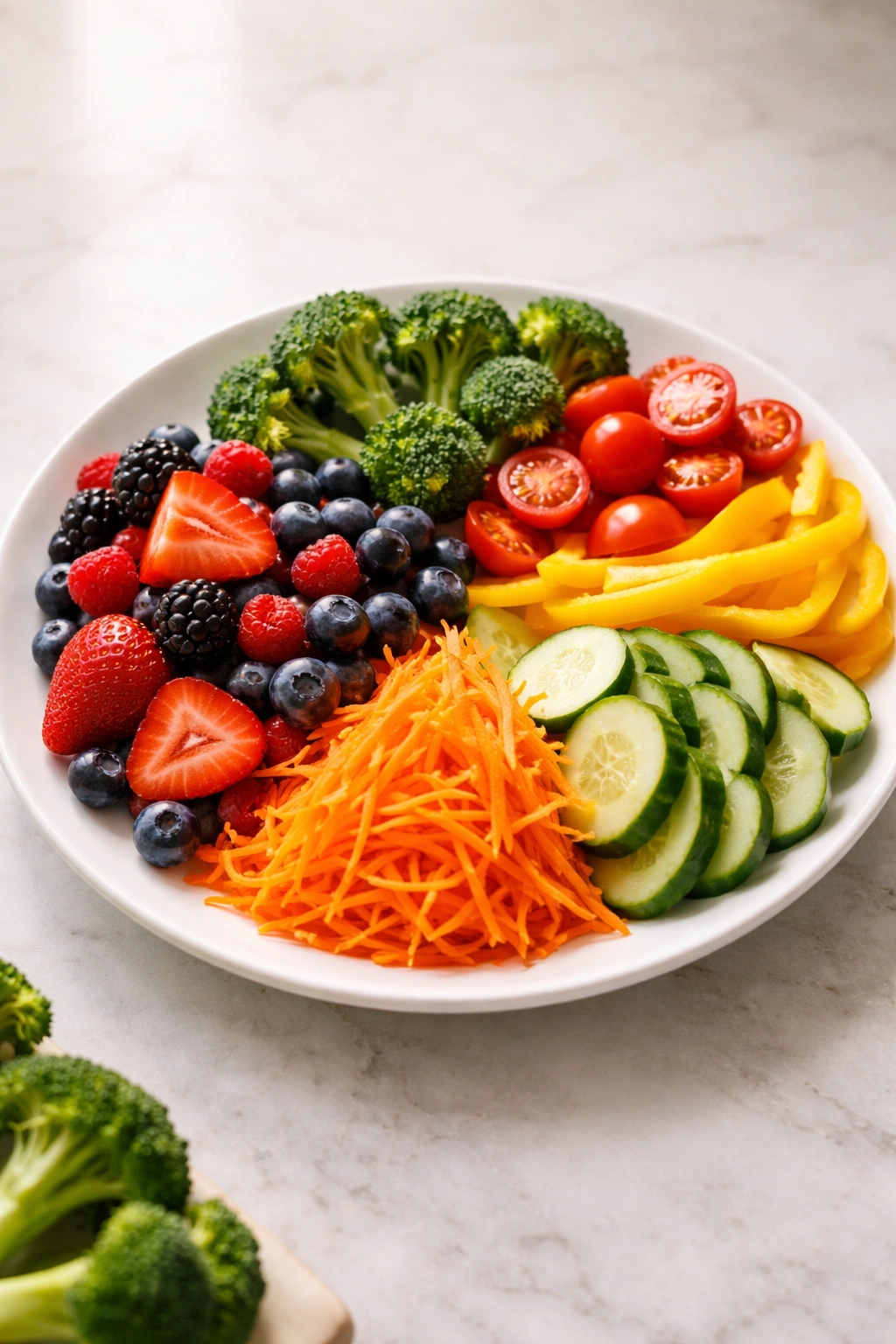 Five portions of diverse fruits and vegetables arranged on a plate to illustrate the 5 A Day Foundation