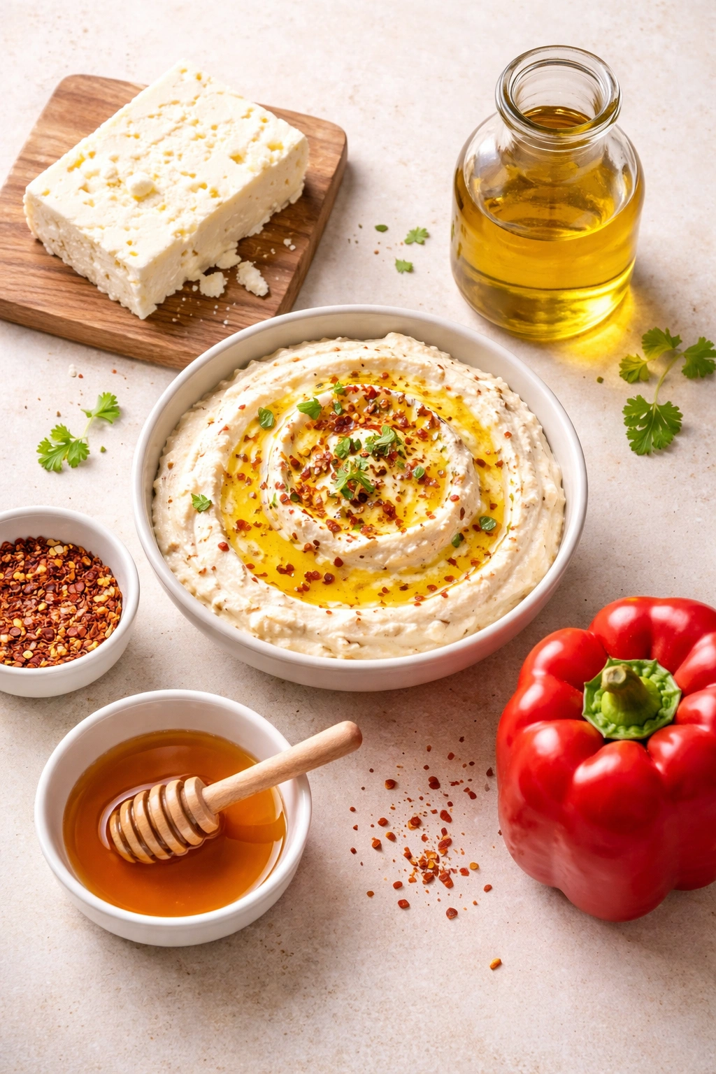 Whipped feta dip with five ingredients arranged around it