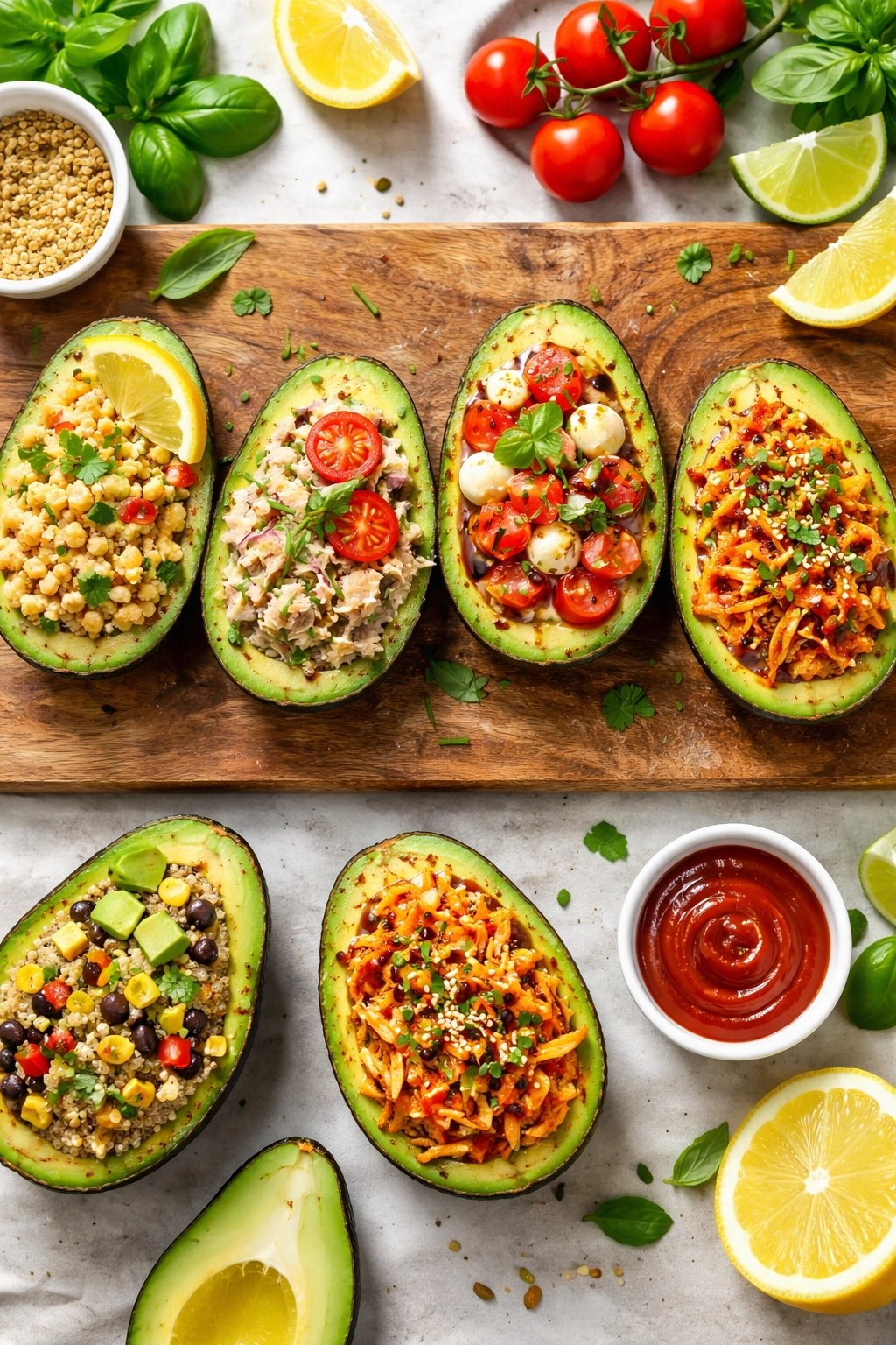 Five stuffed avocado halves with different fillings in a row