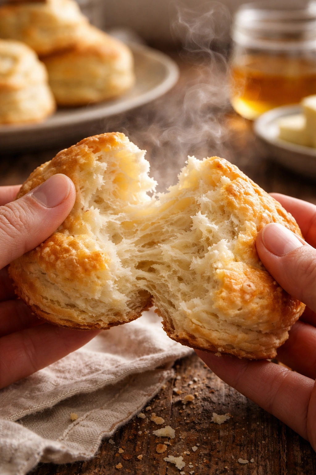Close-up of a flaky biscuit being pulled apart to show steam and butter layers on a rustic wooden table
