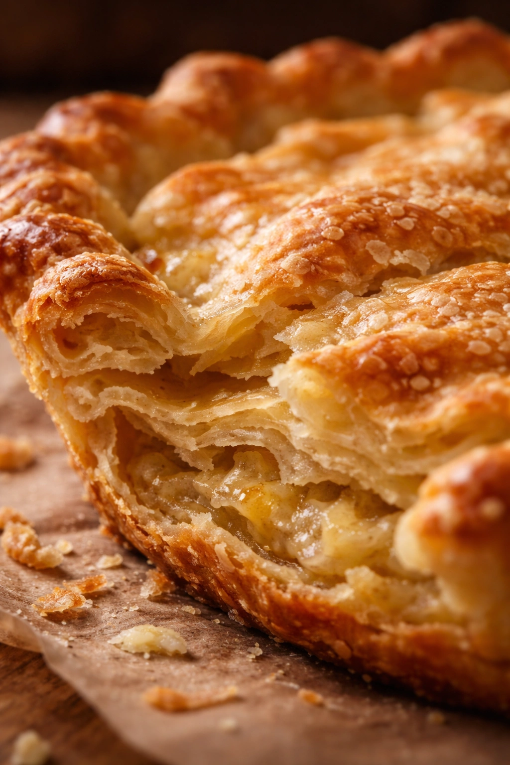 Macro close-up of a flaky pie crust showing butter pockets and layers