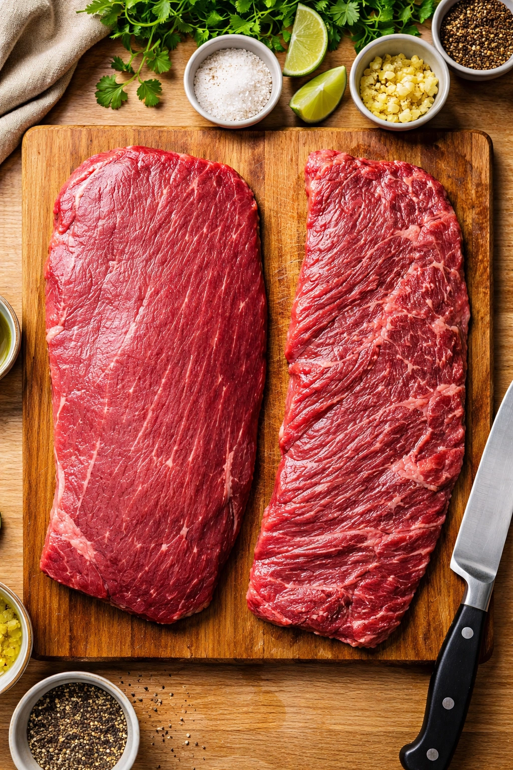 Flank steak and skirt steak on cutting board showing grain and marbling