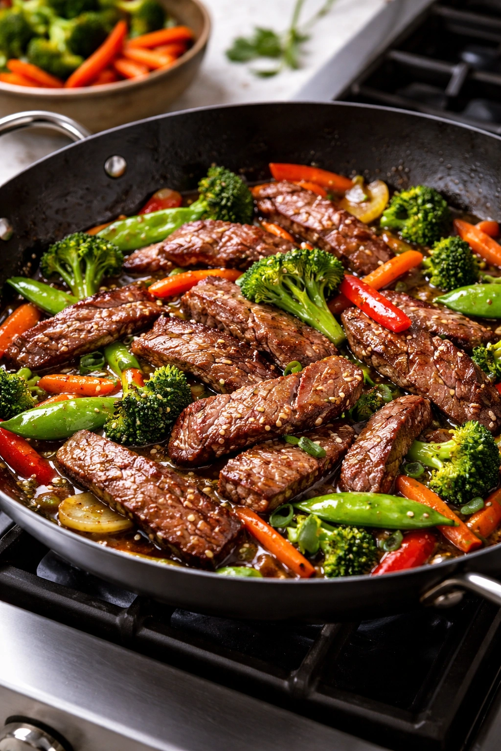 Sliced flank steak for stir-fry with vegetables in a pan.