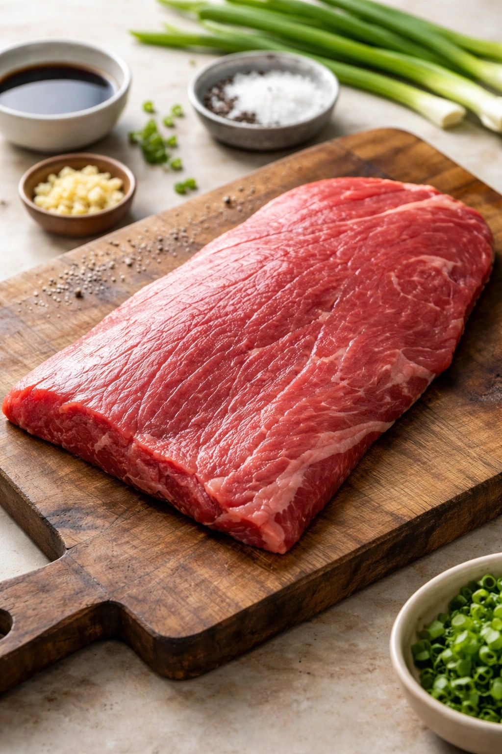 Raw flank steak on cutting board showing lean texture and grain