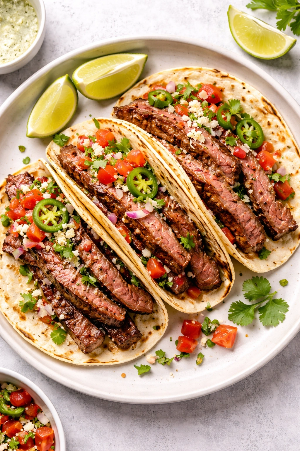 Three flank steak tacos on a plate with visible marinated beef