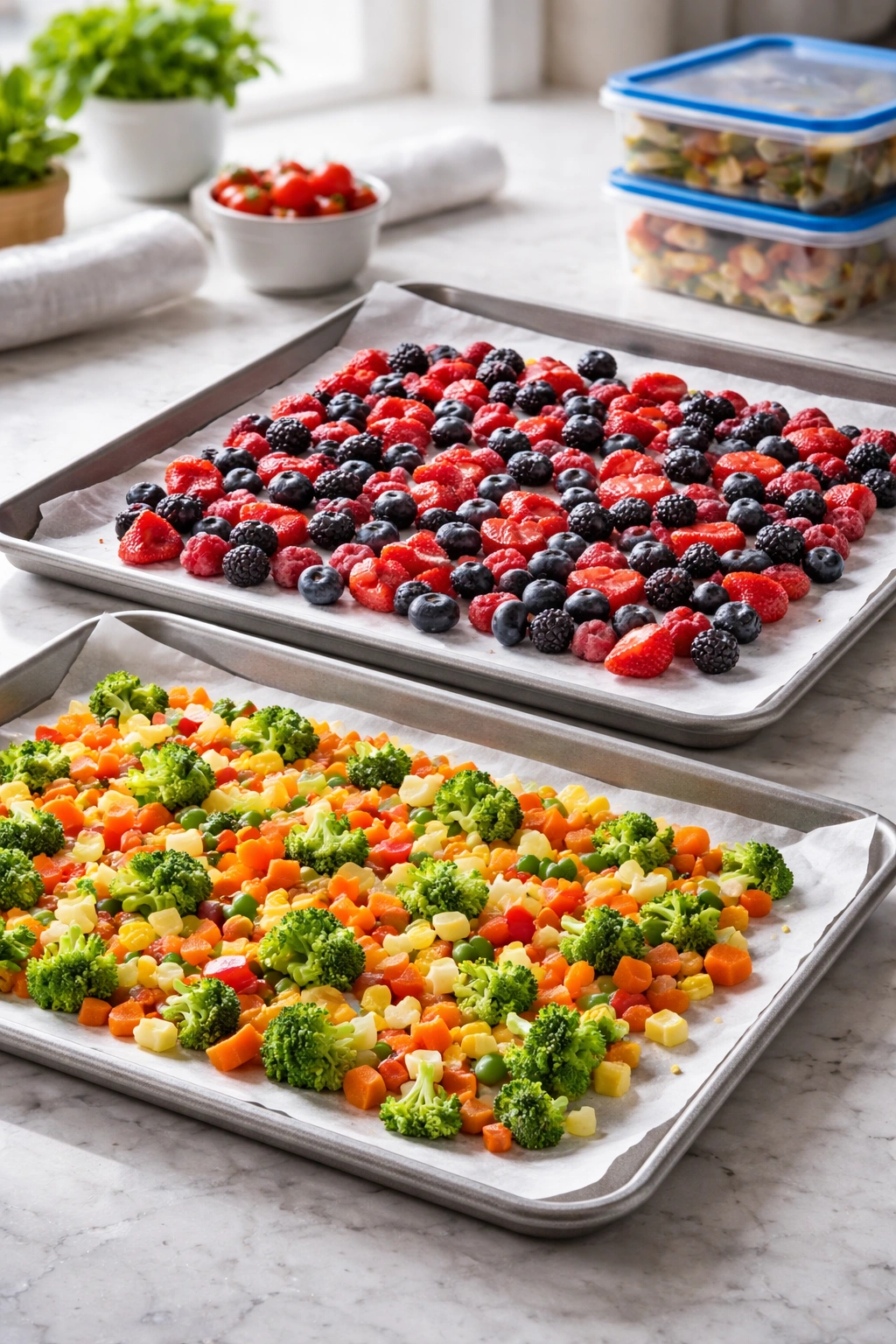 Single-layer berries and diced vegetables on parchment sheet