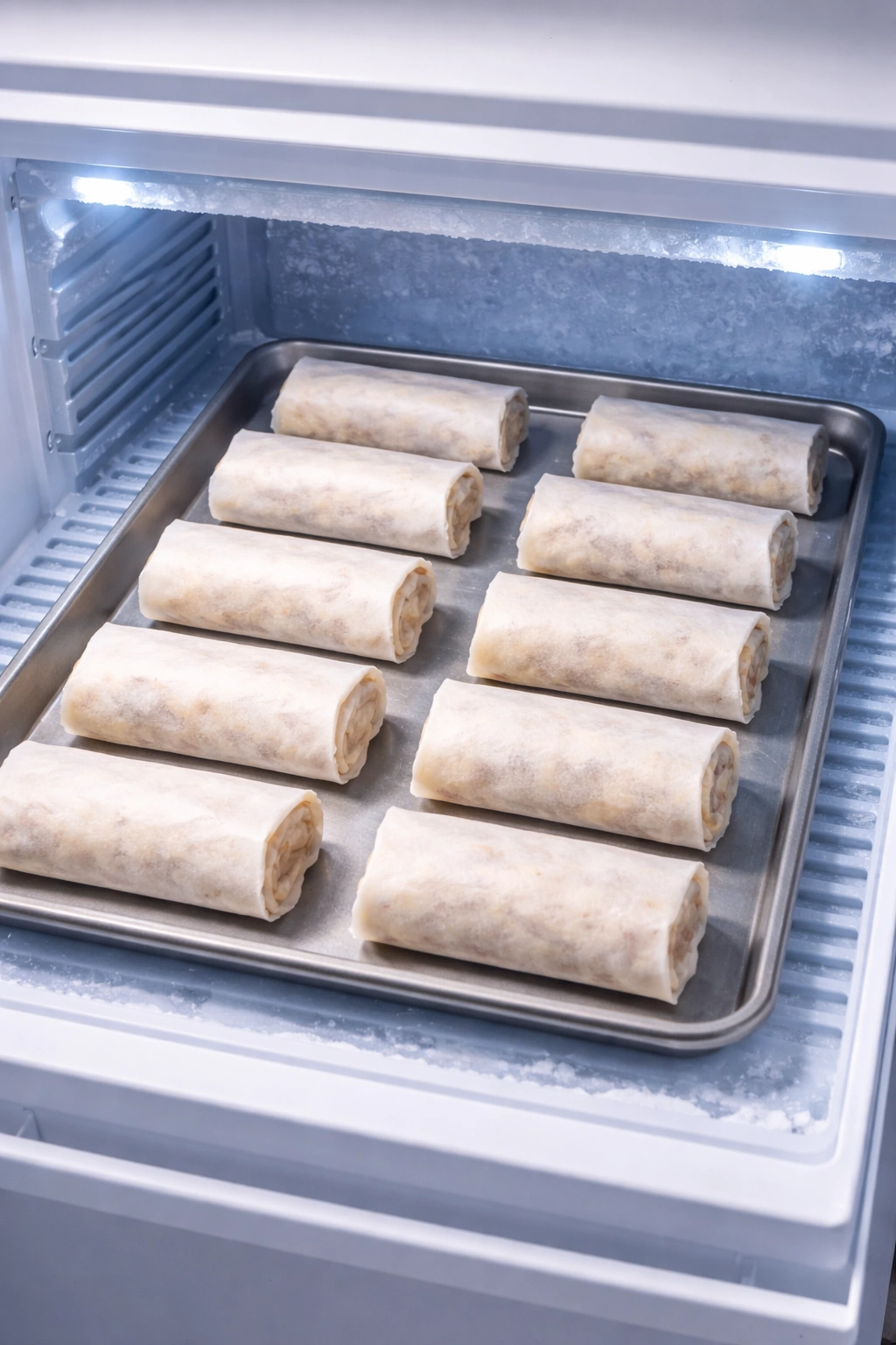 Burritos wrapped in parchment laid in a single layer on a metal sheet in the freezer