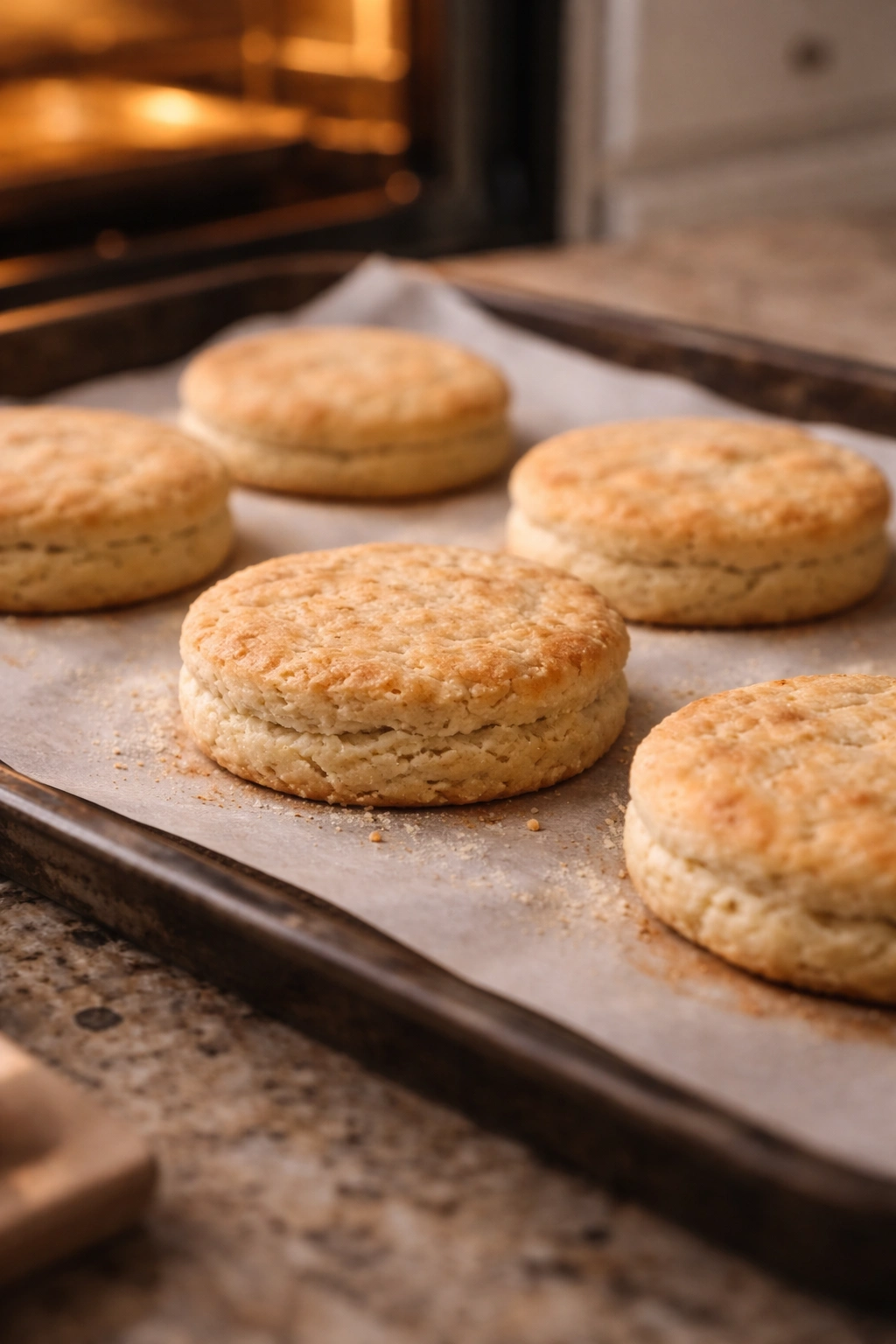 Close-up of flat, dense biscuits on parchment, illustrating failure to rise due to moisture balance and overmixing