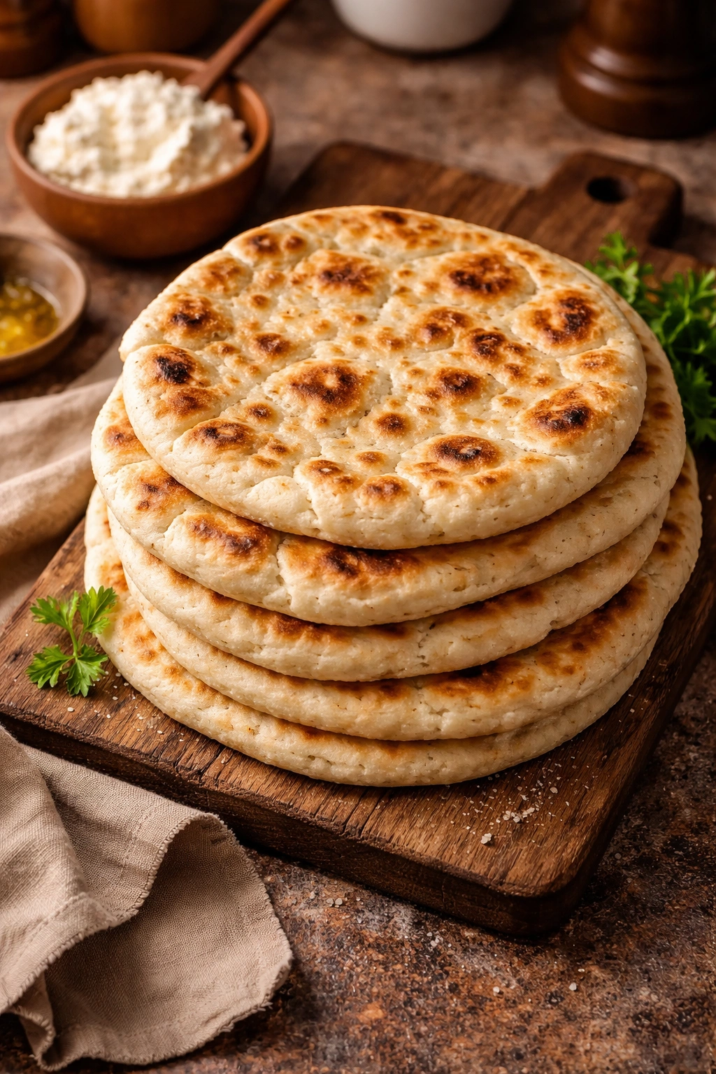 Golden cottage cheese flatbreads stacked on a wooden board