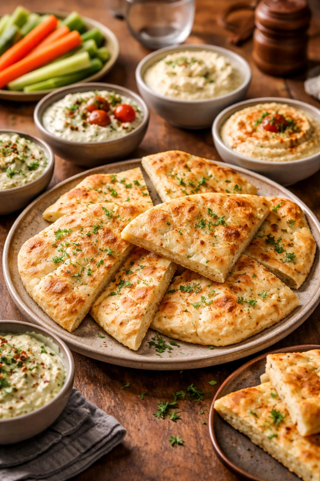 Cottage cheese flatbread wedges with dips on a plate