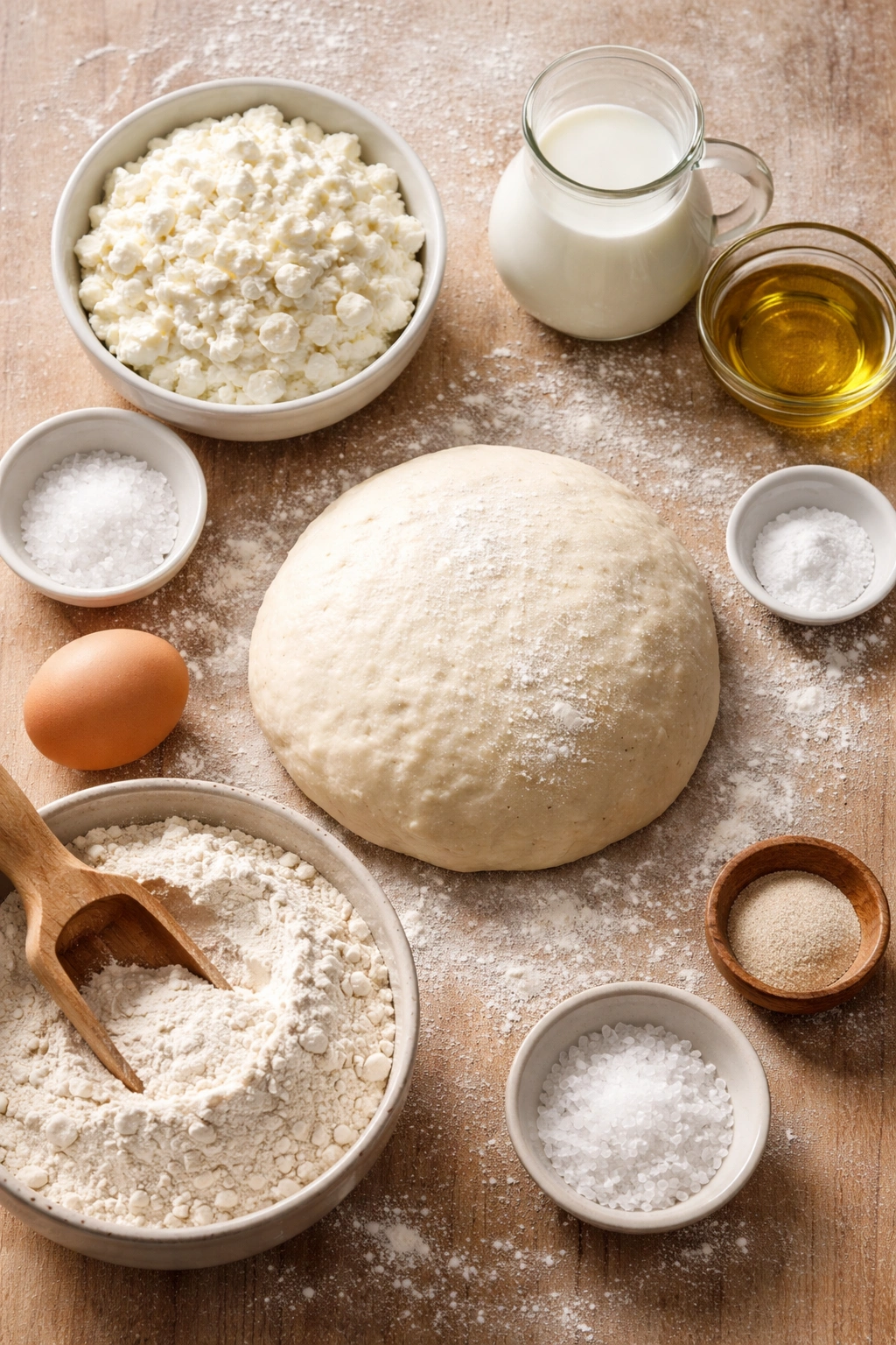 Uncooked flatbread dough disc on a flour-dusted wooden surface