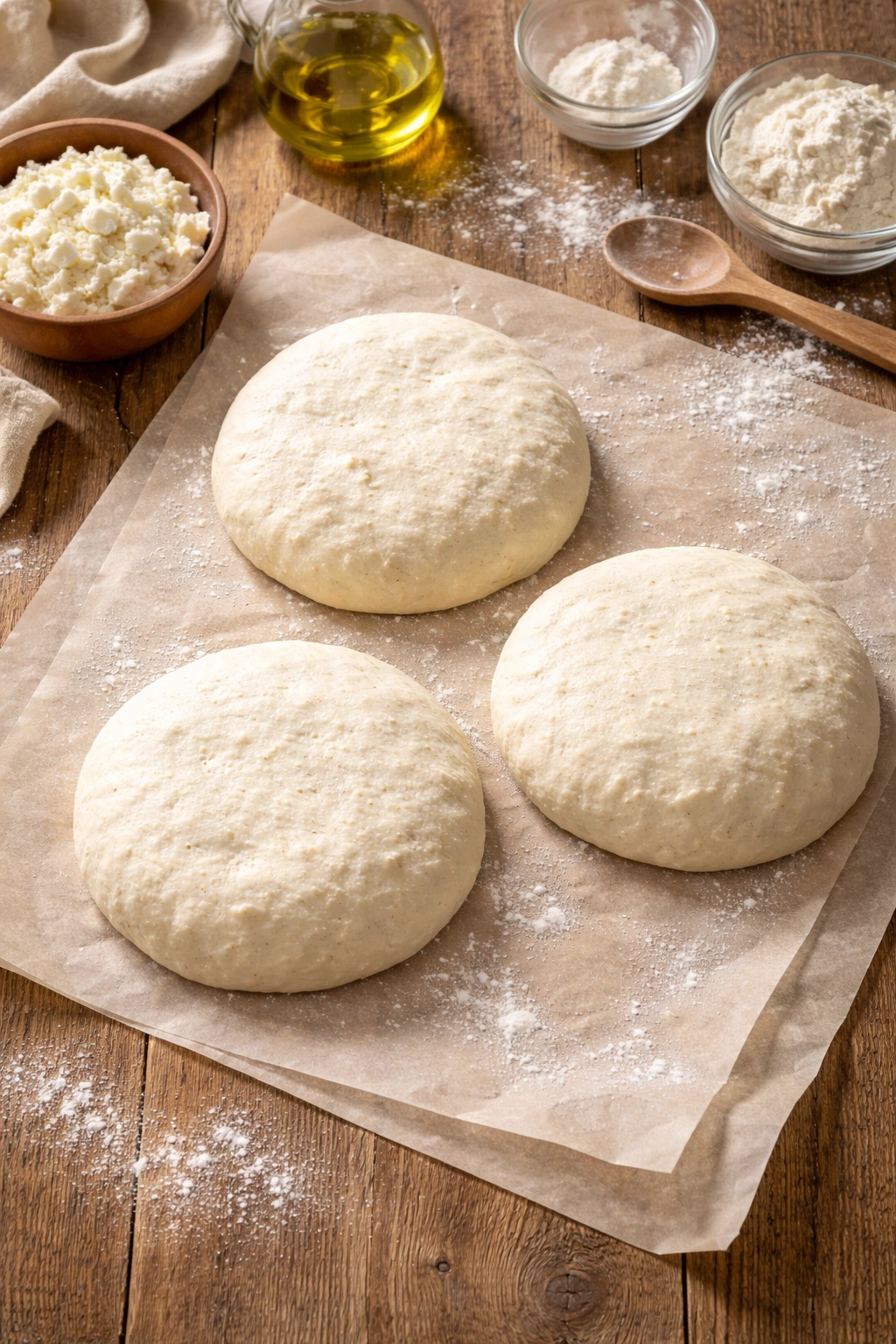 Three dough discs resting on parchment, ready to rest