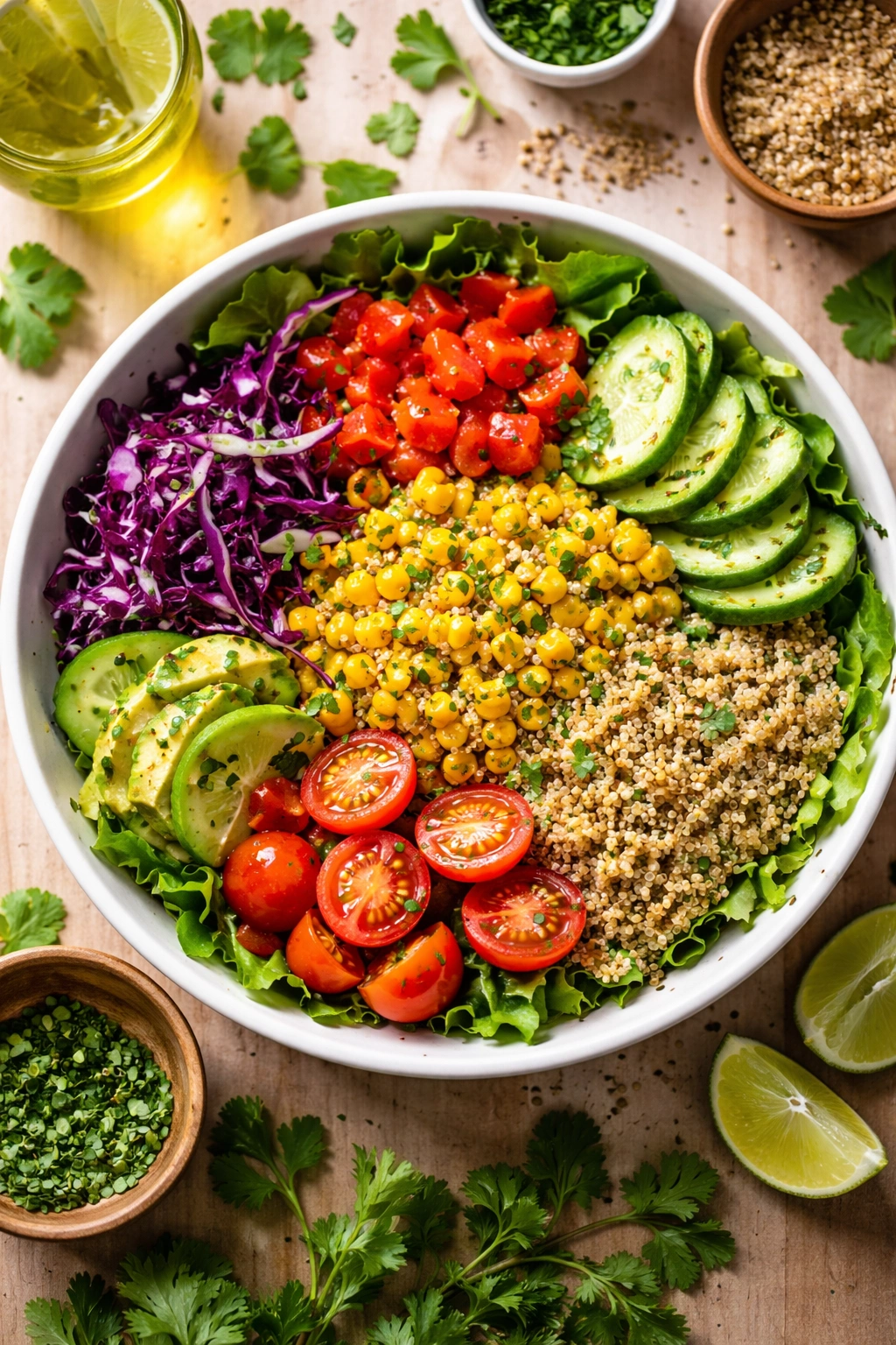 Colorful quinoa and corn bowl arranged for flavor balance