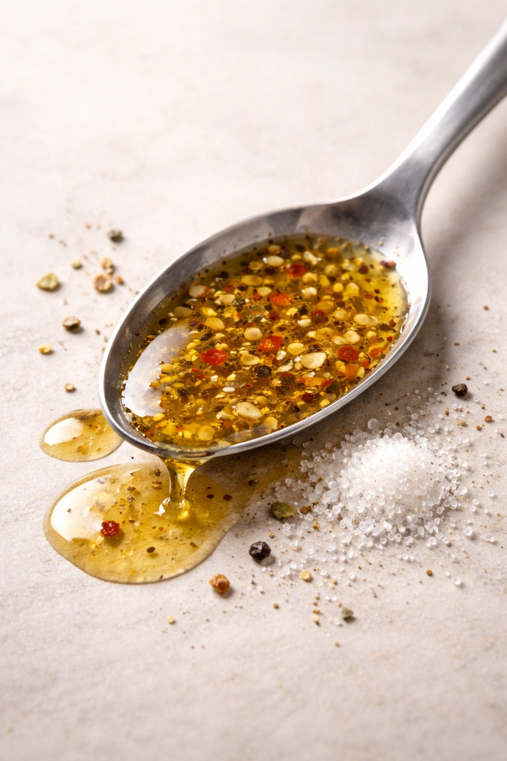Spoon with vinaigrette drizzle suggesting tangy-balanced flavor