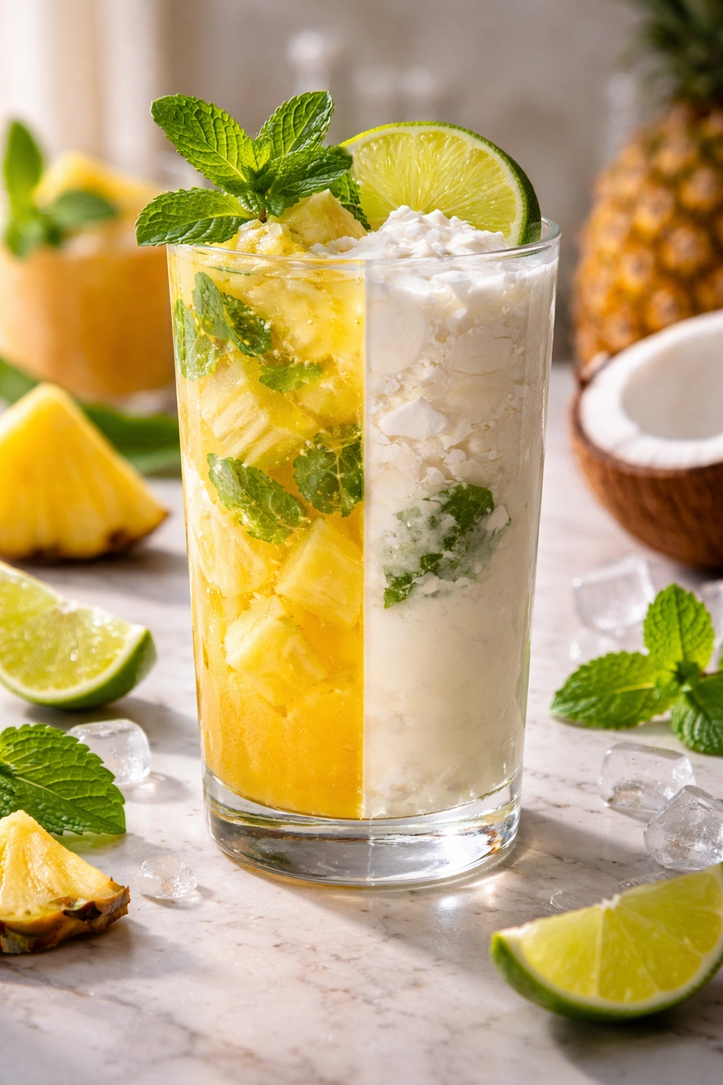 Conceptual glass showing balance of pineapple and coconut flavors in tropical cocktails