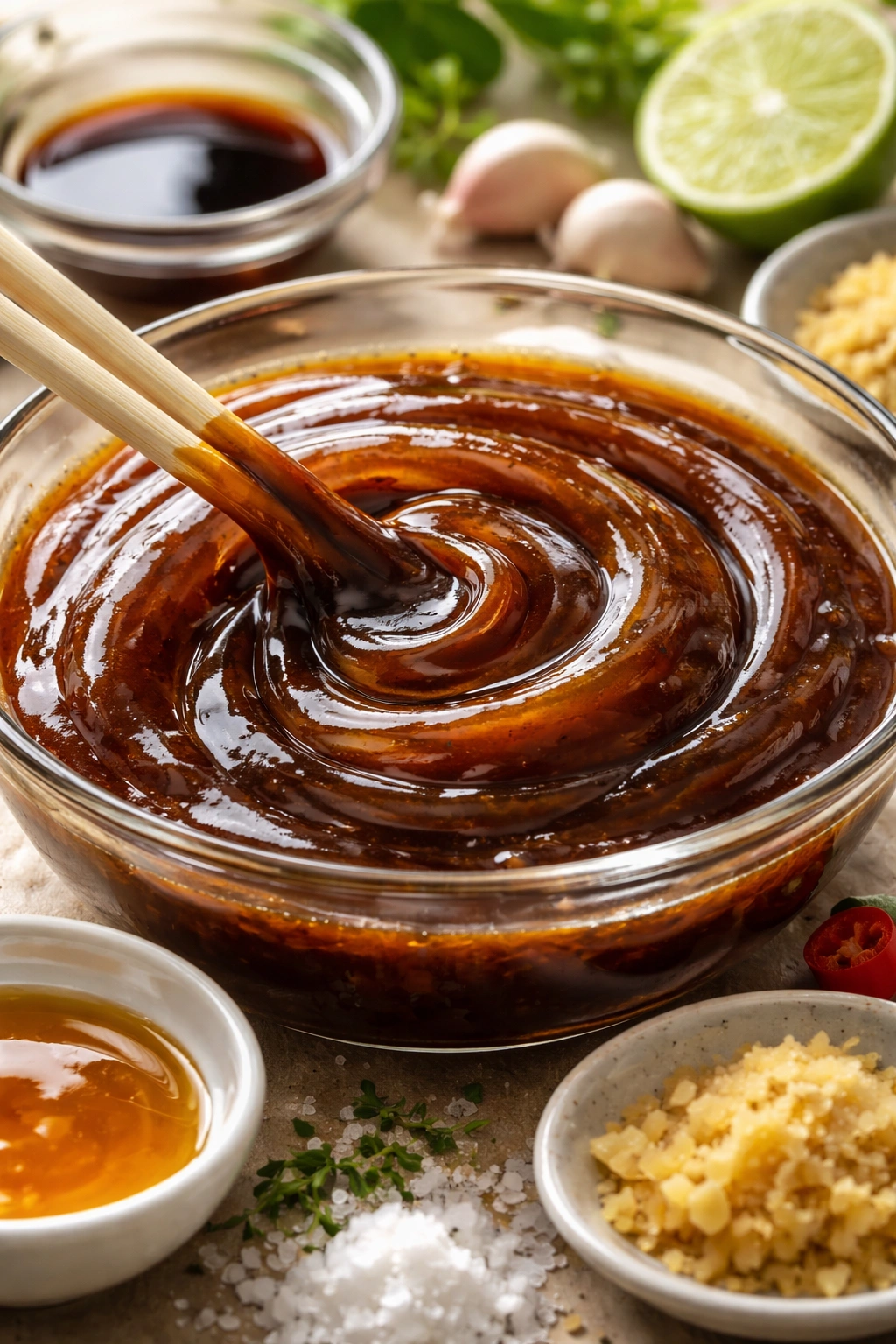 Close-up of sauce swirl showing depth of umami, acidity, and sweetness.