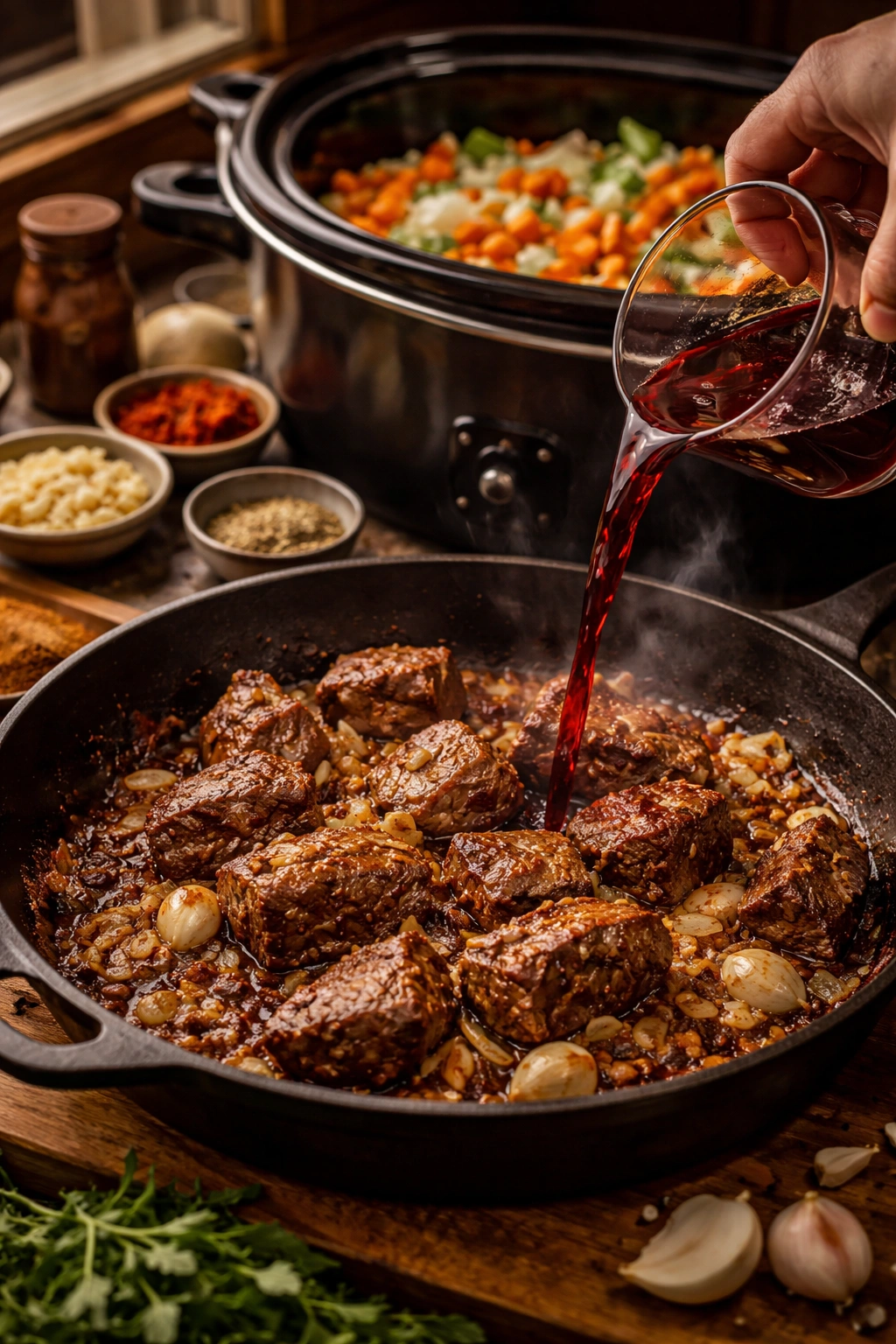 Browning meat with spices in a skillet