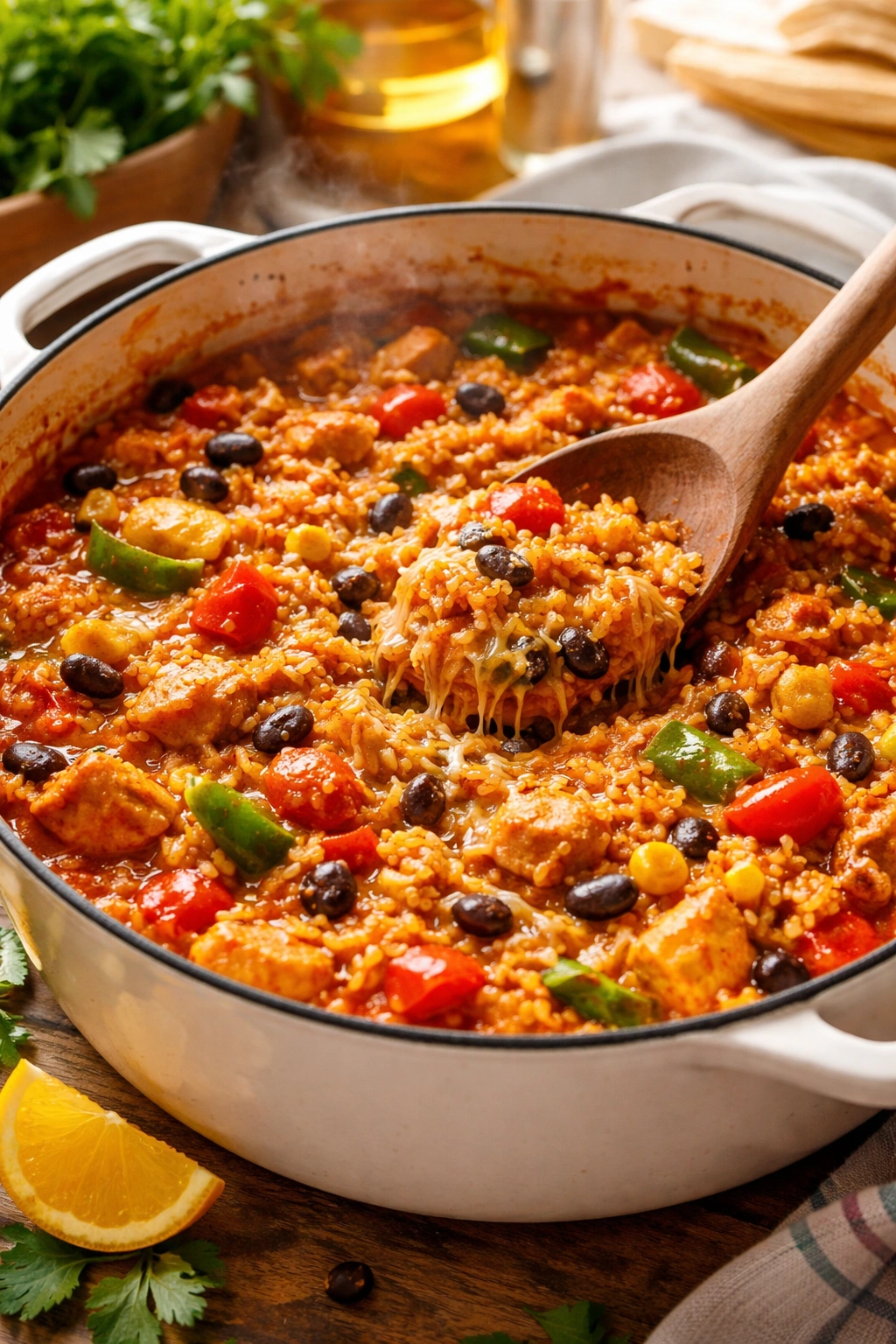 Simmering one-pot enchilada rice with peppers and corn melding in rich sauce