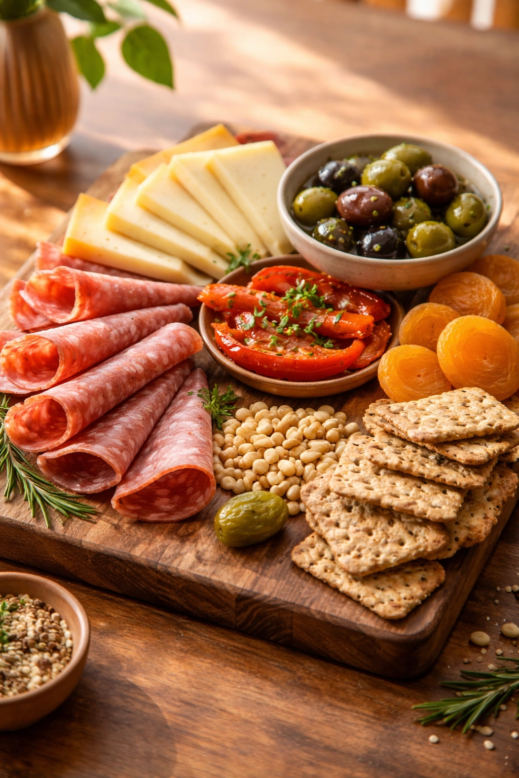 Cheese and accompaniments board with olives, peppers, salami, pine nuts, and dried apricots.