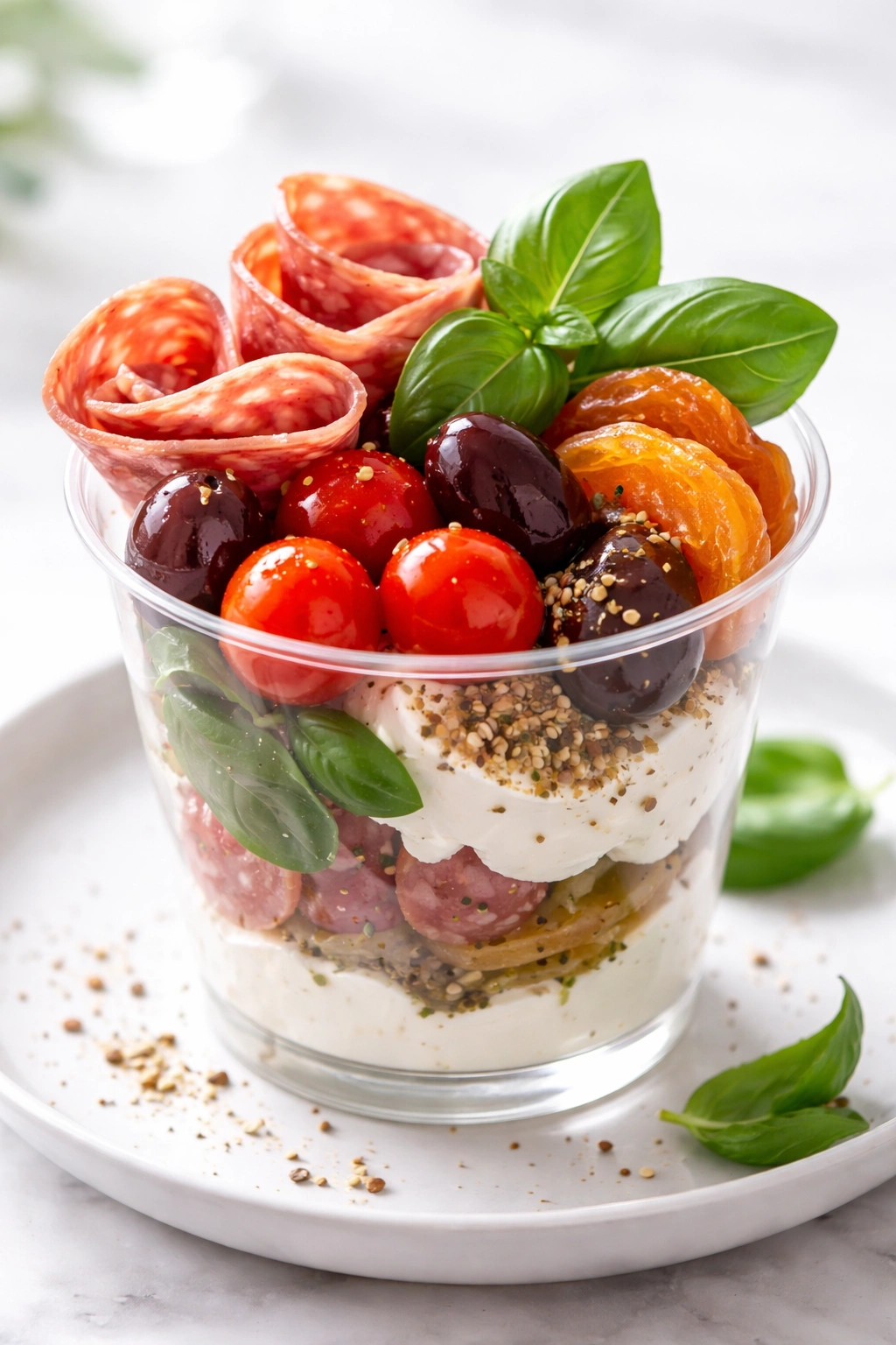 Charcuterie cup with whipped feta, tomatoes, olives, salami, apricots and basil