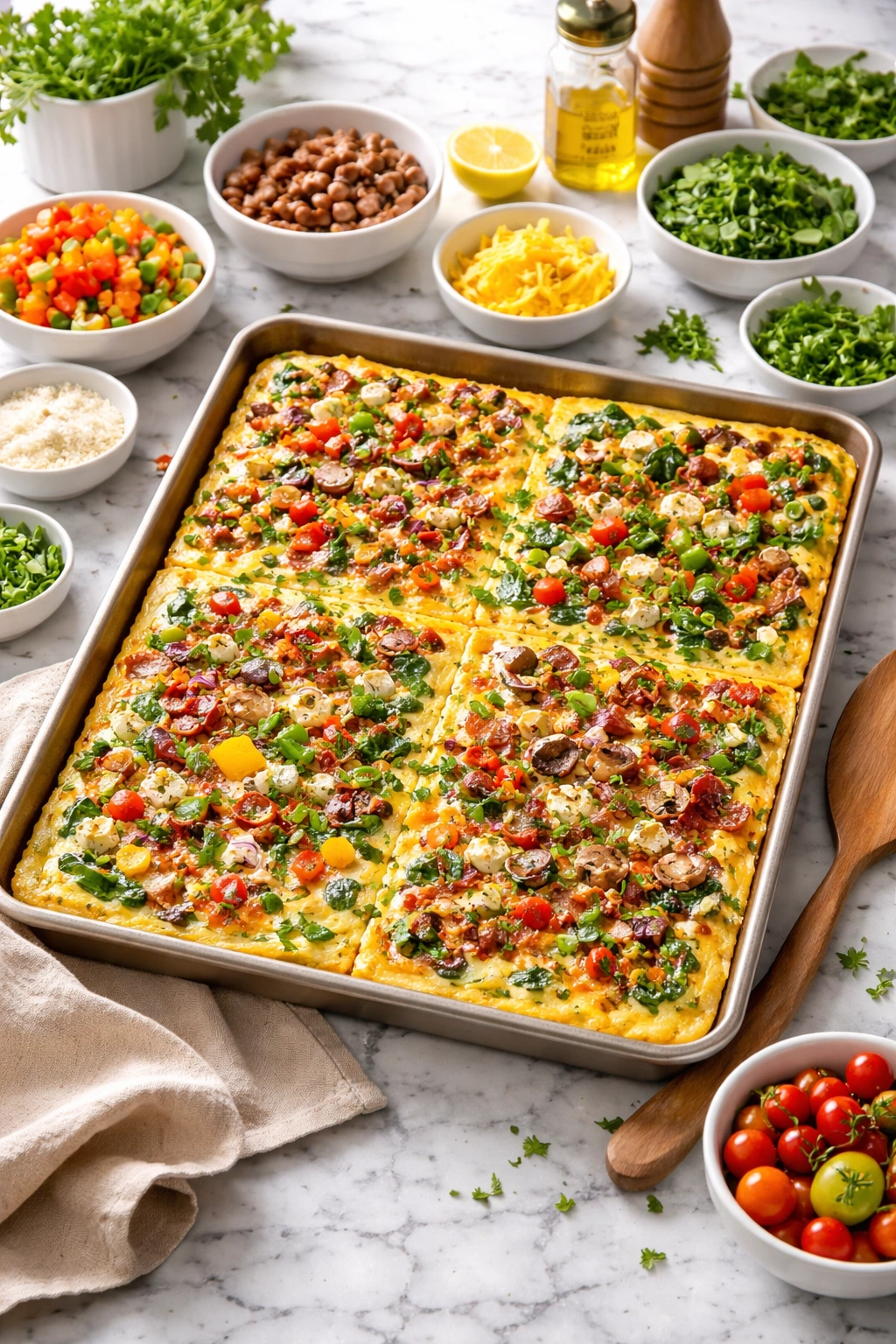 Colorful sheet pan eggs with veggie and cheese mix-ins