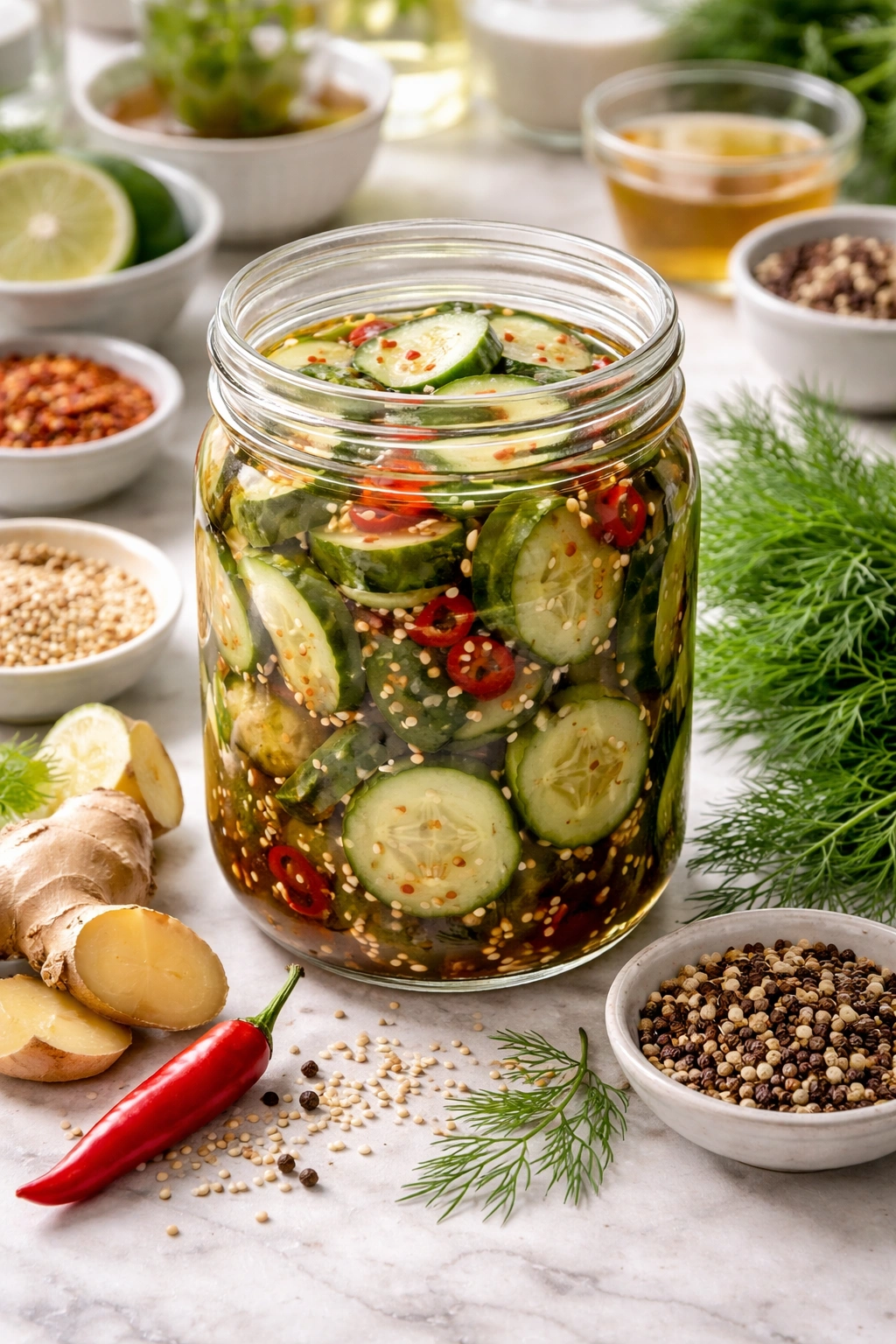 Jar of pickles with sesame seeds, ginger, and dill suggesting flavor combinations