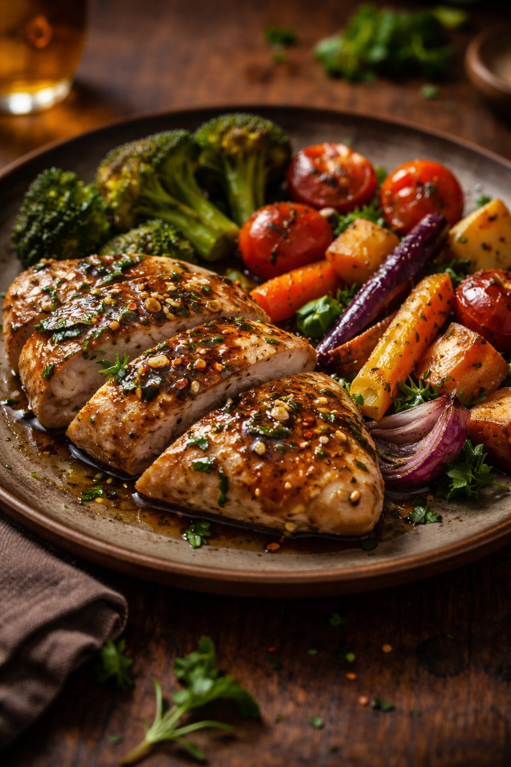 Close-up plated healthy dinner with vegetables, lean protein, and glaze