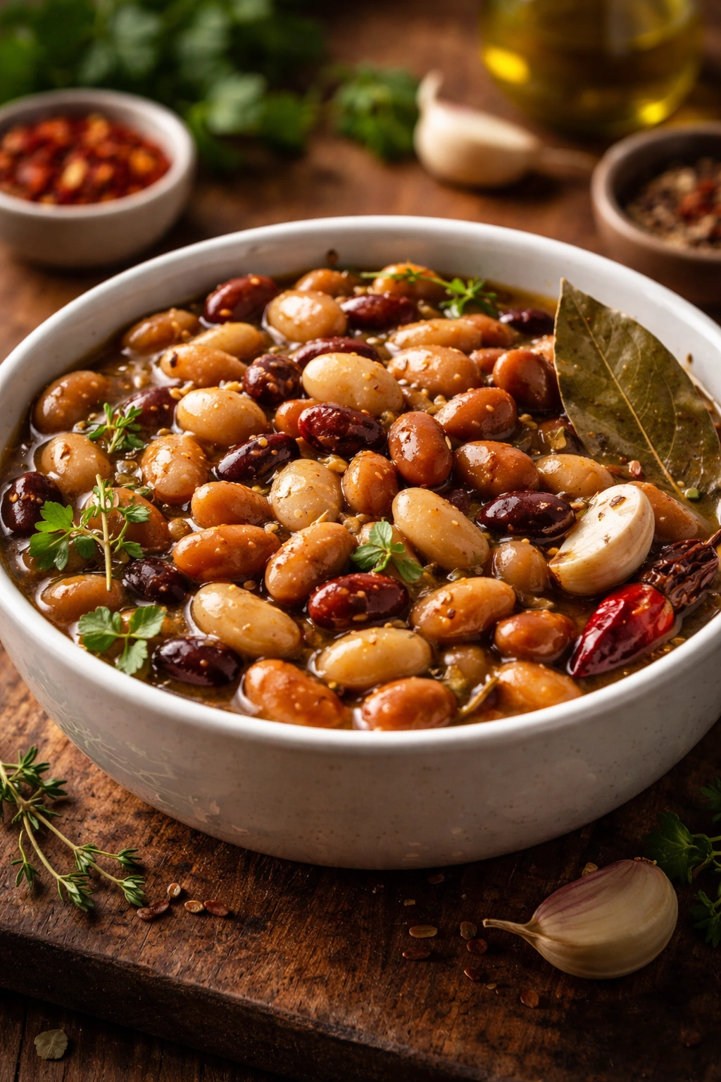 Close-up of flavor-infused beans in a bowl with aromatics