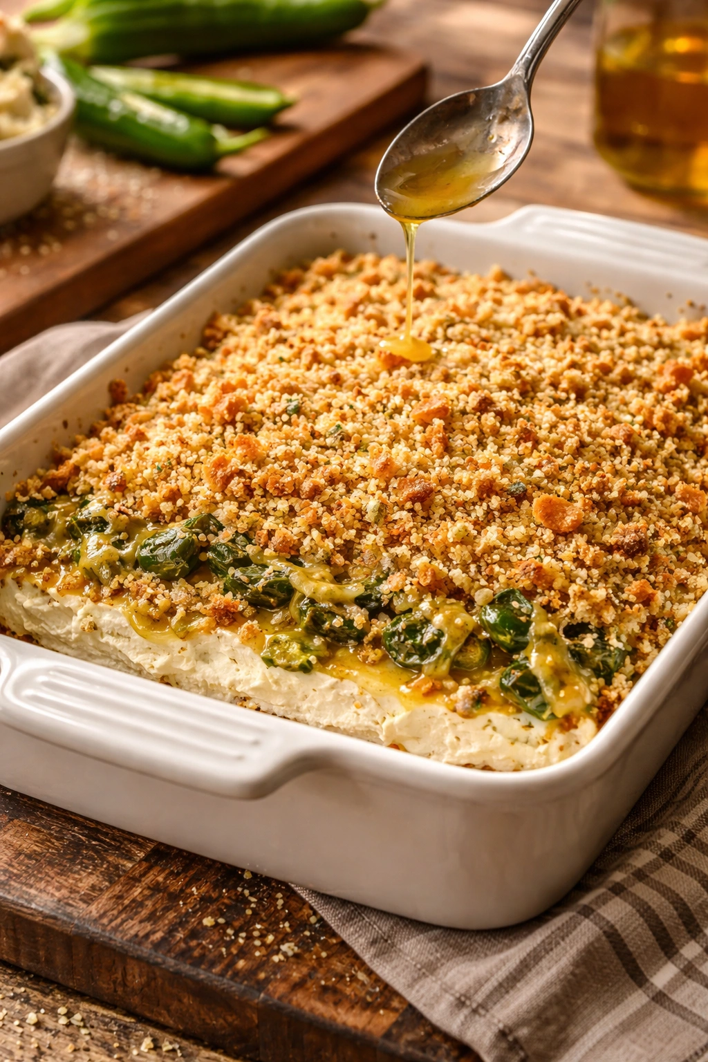 Layered jalapeño dip in a baking dish with breadcrumb topping
