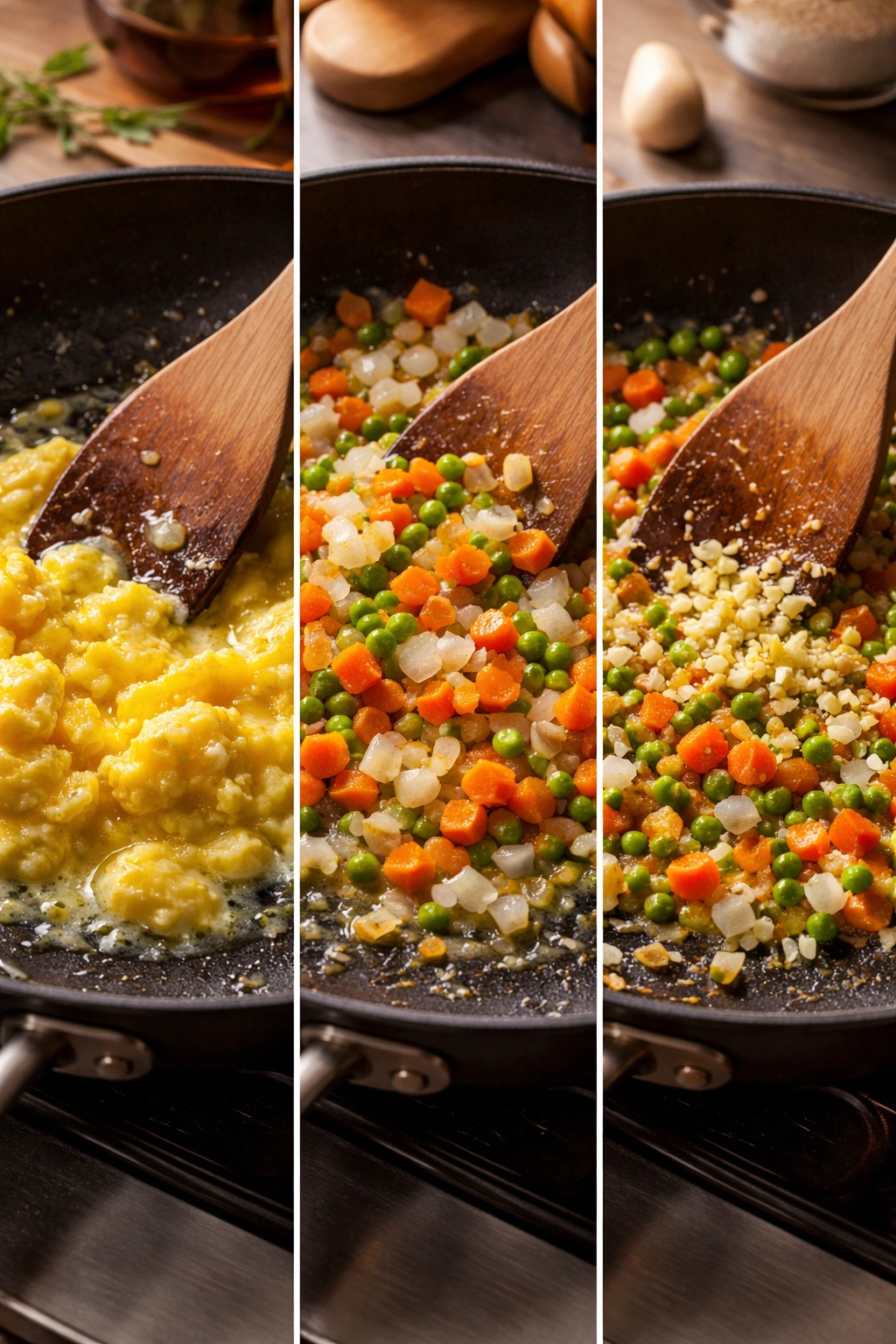 Three-panel montage showing eggs, vegetables, and garlic in stages