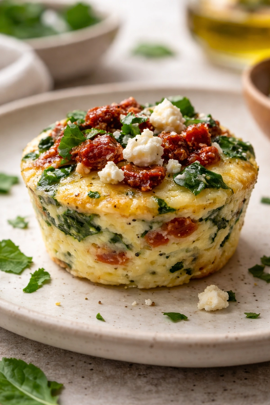 Egg muffin cup topped with sun-dried tomatoes, feta, spinach